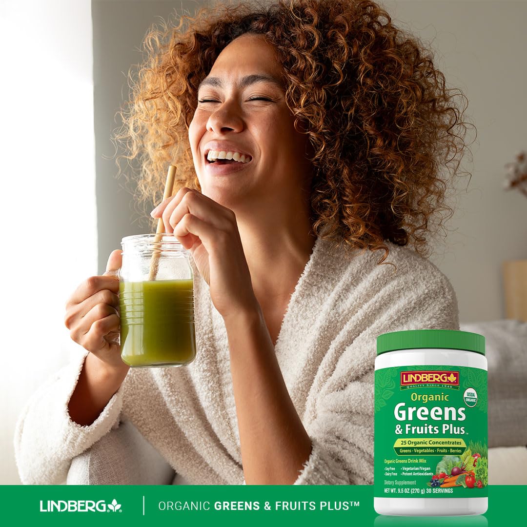 Lindberg Organic Fruit and Vegetable Powder | 9.5 oz | Greens Drink Mix | 28 Concentrates Plus | Vegan, Non-GMO, Gluten Free Supplement