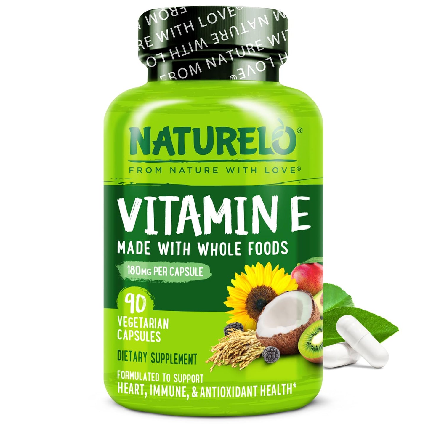 NATURELO Vitamin E - 180 mg (300 IU) of Natural Mixed Tocopherols from Organic Whole Foods - Supplement for Healthy Skin, Hair, Nails, Immune & Eye Health - Non-GMO, Soy Free - 90 Vegan Capsules