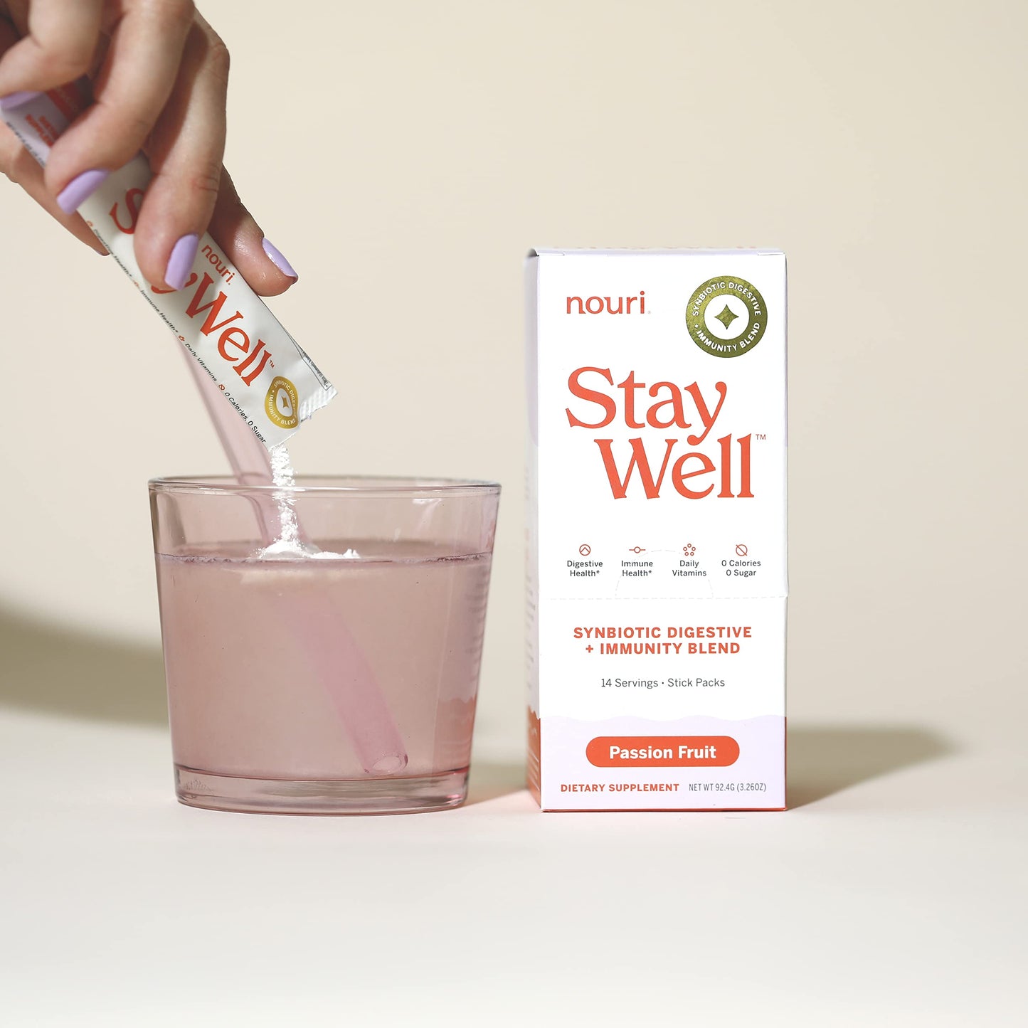 Pre-Order | Arrives in 5–10 Days – Daily Nouri StayWell Passion Fruit Synbiotic Digestive + Immunity Blend, Prebiotics and Probiotics, Powder Stick Pack for Digestive and Immune Health, 0 Calories, 0 Sugar - 14-Count (Passion Fruit)
