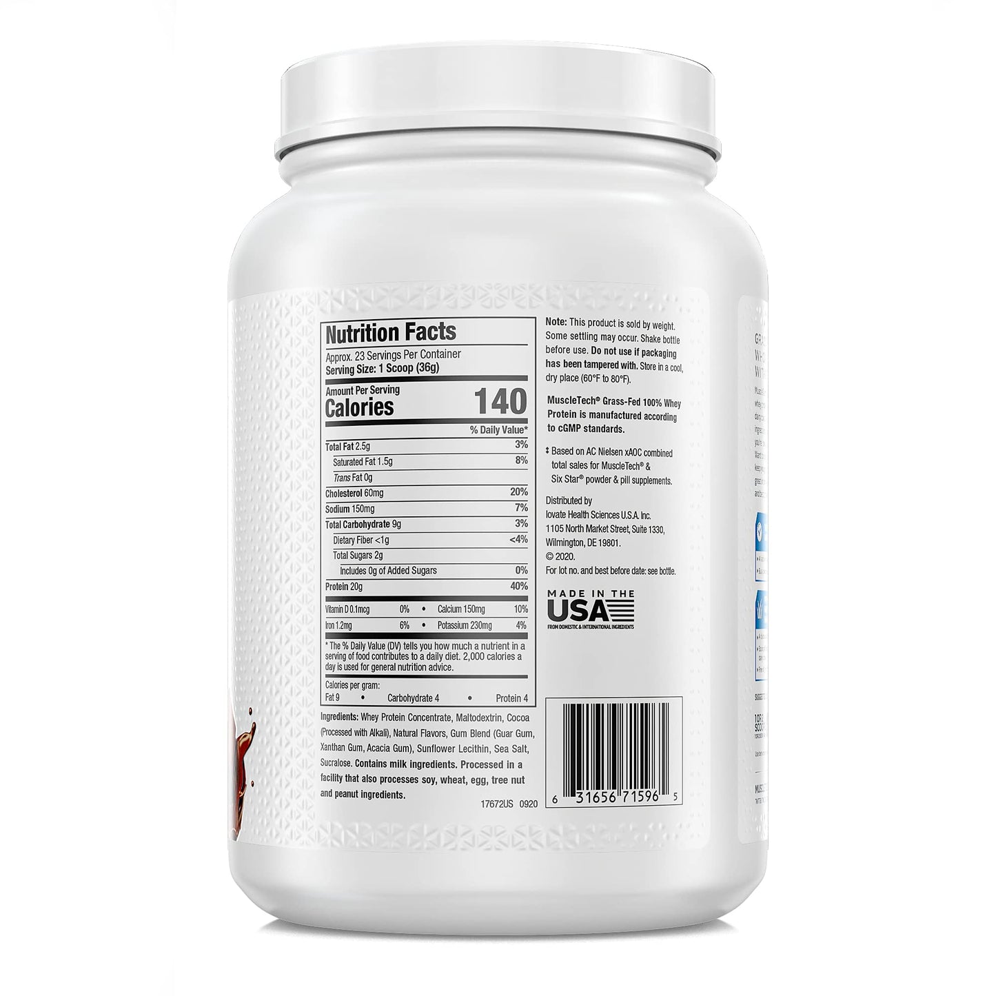 MuscleTech Grass Fed Whey Protein Powder for Muscle Gain, Growth Hormone Free, Non-GMO, Gluten Free, 20g Protein + 4.3g BCAA, Triple Chocolate, 1.8 lbs (Pack of 2)