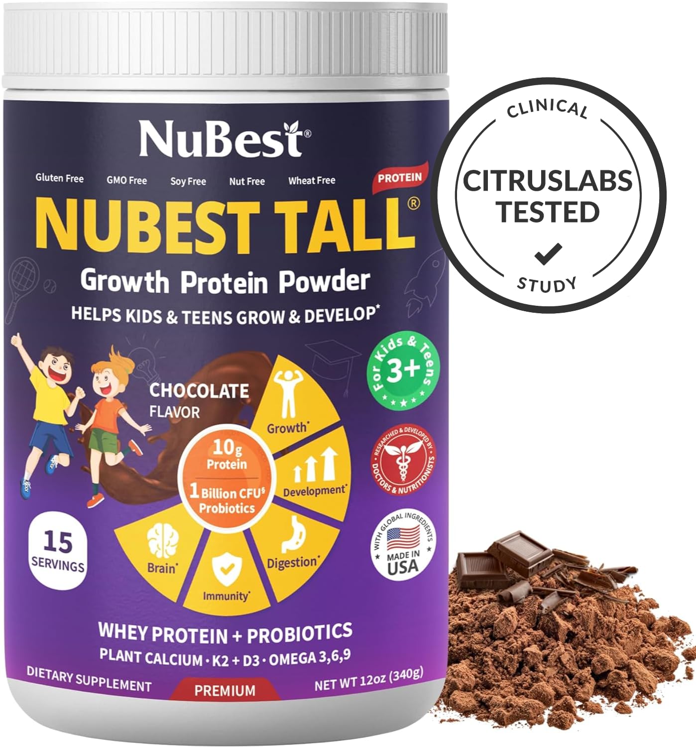 NuBest Tall Protein Powder for Kids & Teens - Whey Protein Powder - Chocolate Protein Powder Shake - Protein Drink with Probiotics, Omega 3-6-9, Vitamin D3 + K2, Calcium, Vitamin - 15 Servings