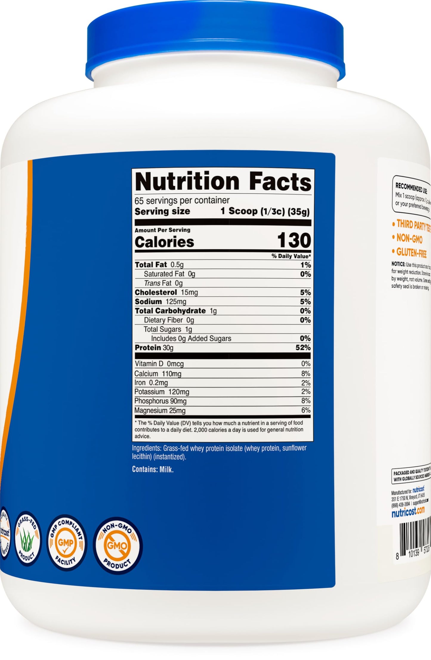 Nutricost Grass-Fed Whey Protein Isolate (Unflavored) 5LBS - rBGH Free, Non-GMO & Gluten Free