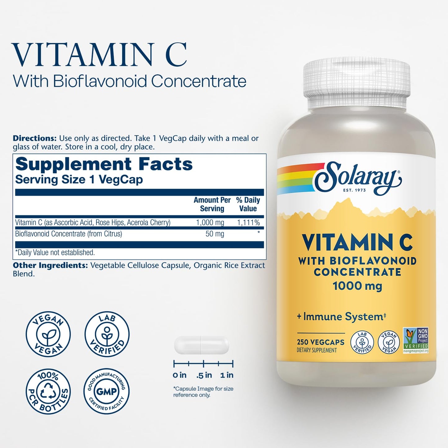 Pre-Order | Arrives in 5–10 Days – SOLARAY Vitamin C w/Rose HIPS, Acerola & Bioflavonoids, 1000mg, Supports Immune Function & Healthier Skin, Hair, Nails, Non-GMO, Vegan, 250 CT