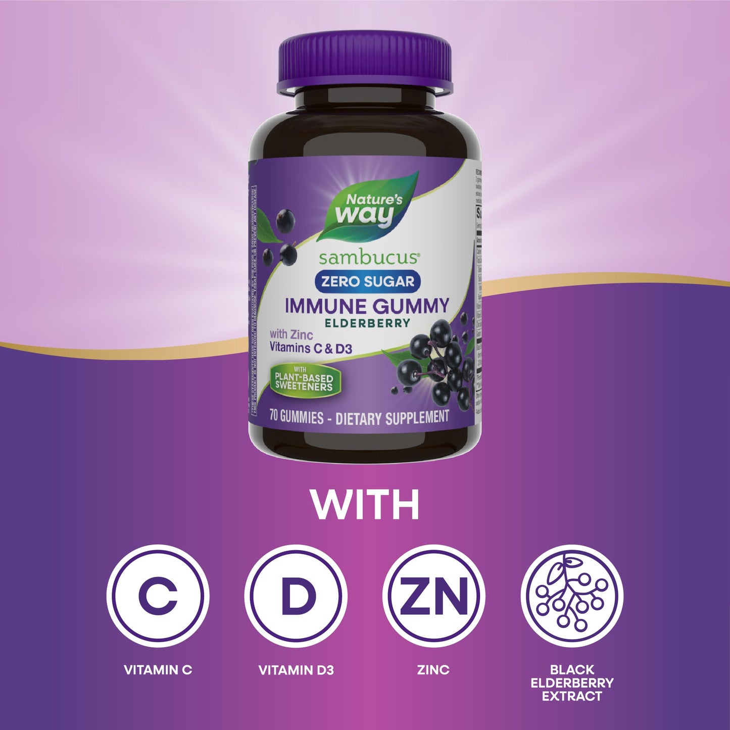 Nature's Way Sambucus Zero Sugar Immune Gummies, Daily Immune Support*, Black Elderberry Extract, Vitamin C, Vitamin D3, Zinc, Sugar Free, Sugar Alcohol Free, Plant-Based Sweeteners, 70 Gummies