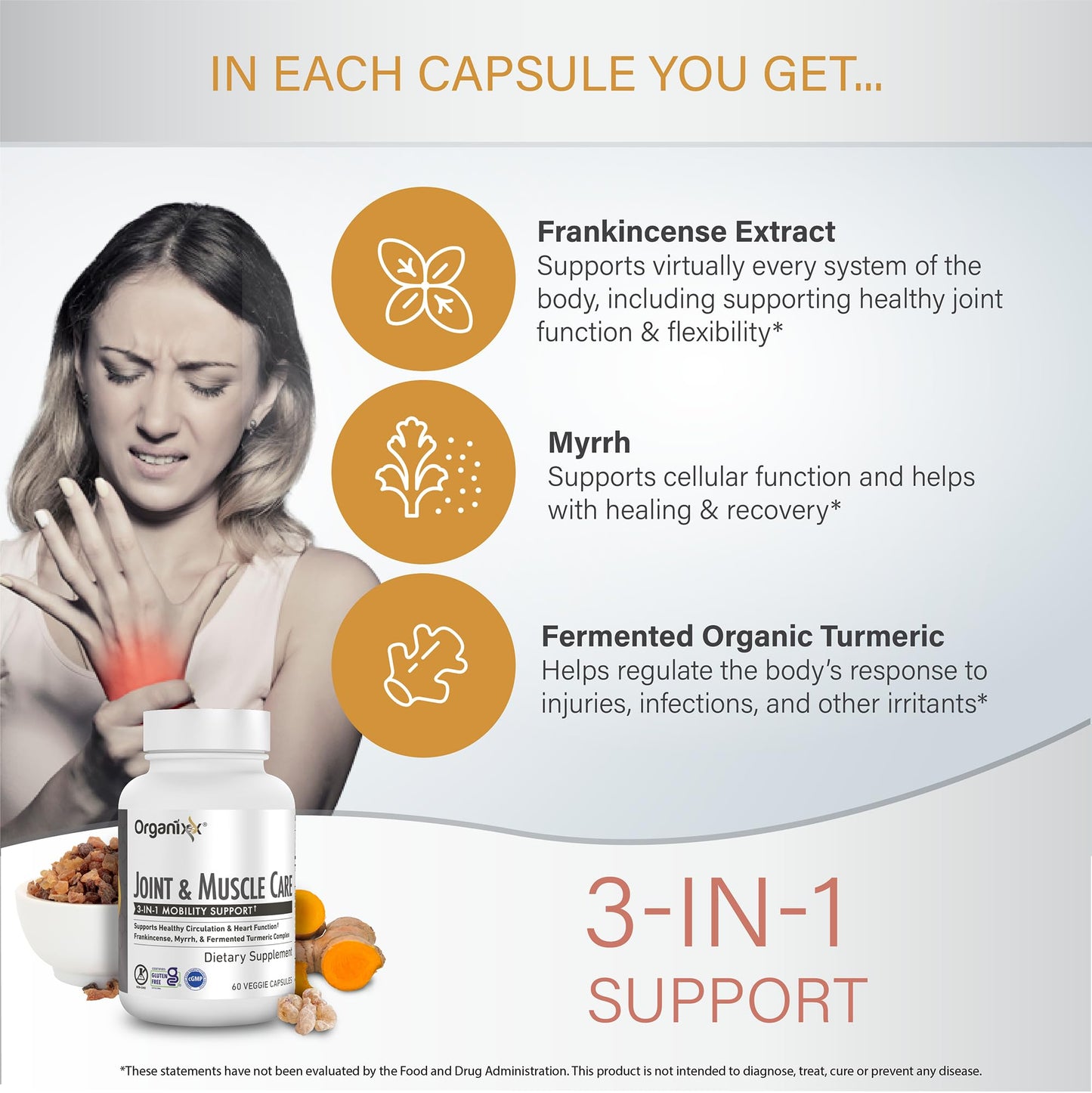 Organixx Joint & Muscle Care Organic Turmeric Supplement, 3-in-1 Frankincense, Turmeric and Myrrh Joint Health & Joint Support Supplement Body Care Capsules, Supports Swelling, Tension, 60 Capsules