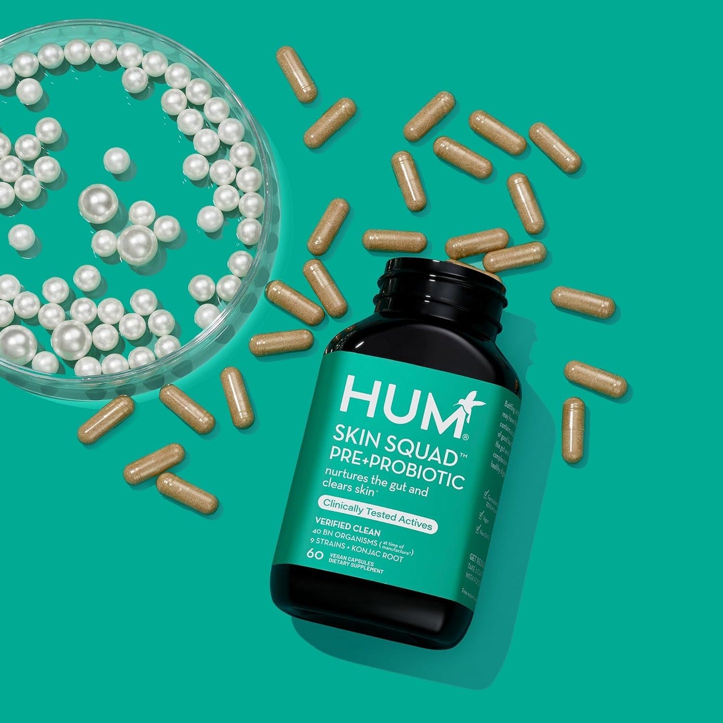 HUM Skin Squad - Probiotic Supplement for Clear Skin & Gut Health - Microbiome Probiotics for Breakouts (60-Count)