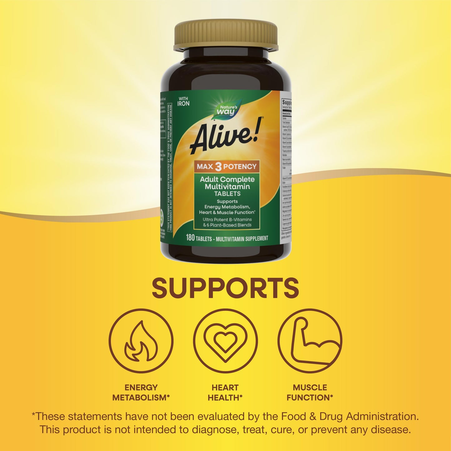 Nature's Way Alive! Max3 Potency Adult Complete Multivitamin, Ultra Potency B-vitamins to Support Energy Metabolism*, with Methylated B12 and Folate, 180 Tablets