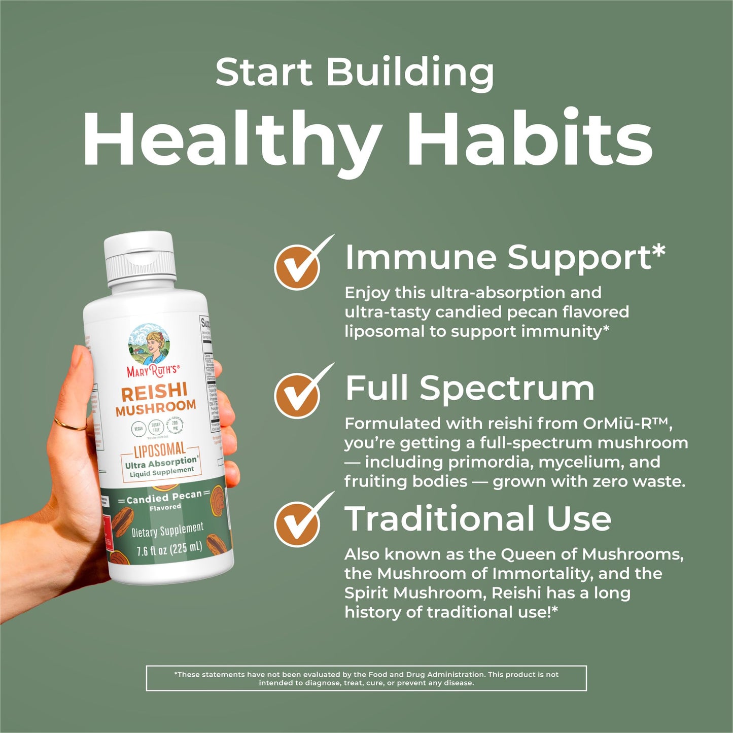 MaryRuth Organics Reishi Vegan Mushroom Supplement | Ultra Absorption Liposomal | Immune Support with 200mg Beta-Glucans, Vegan |Full Spectrum Reishi Mushrooms Fruiting Body | 7.6 oz,