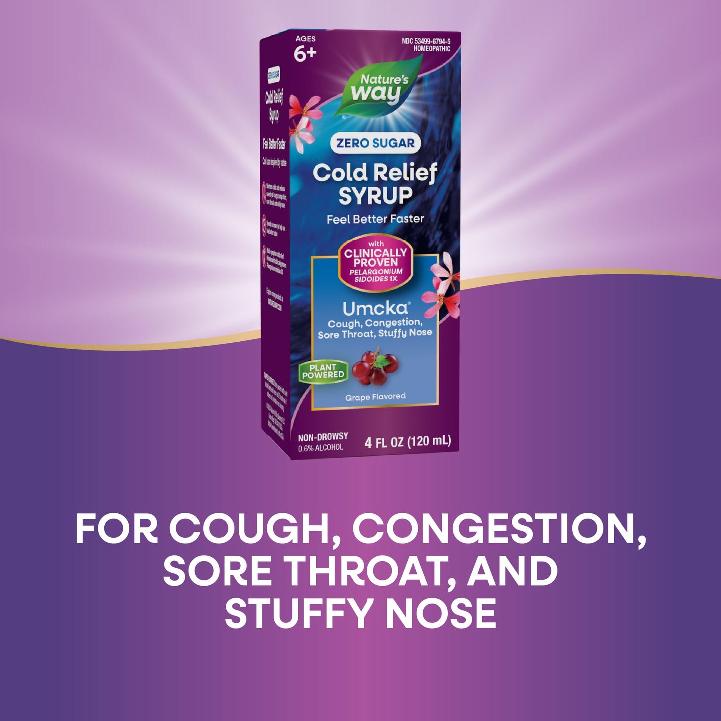 Nature's Way Cold Relief Zero Sugar Syrup, Umcka, Homeopathic, Shortens Colds, Sore Throat, Cough, Congestion, and Stuffy Nose, Phenylephrine Free, Grape Flavored, 4 Fl Oz (Packaging May Vary)
