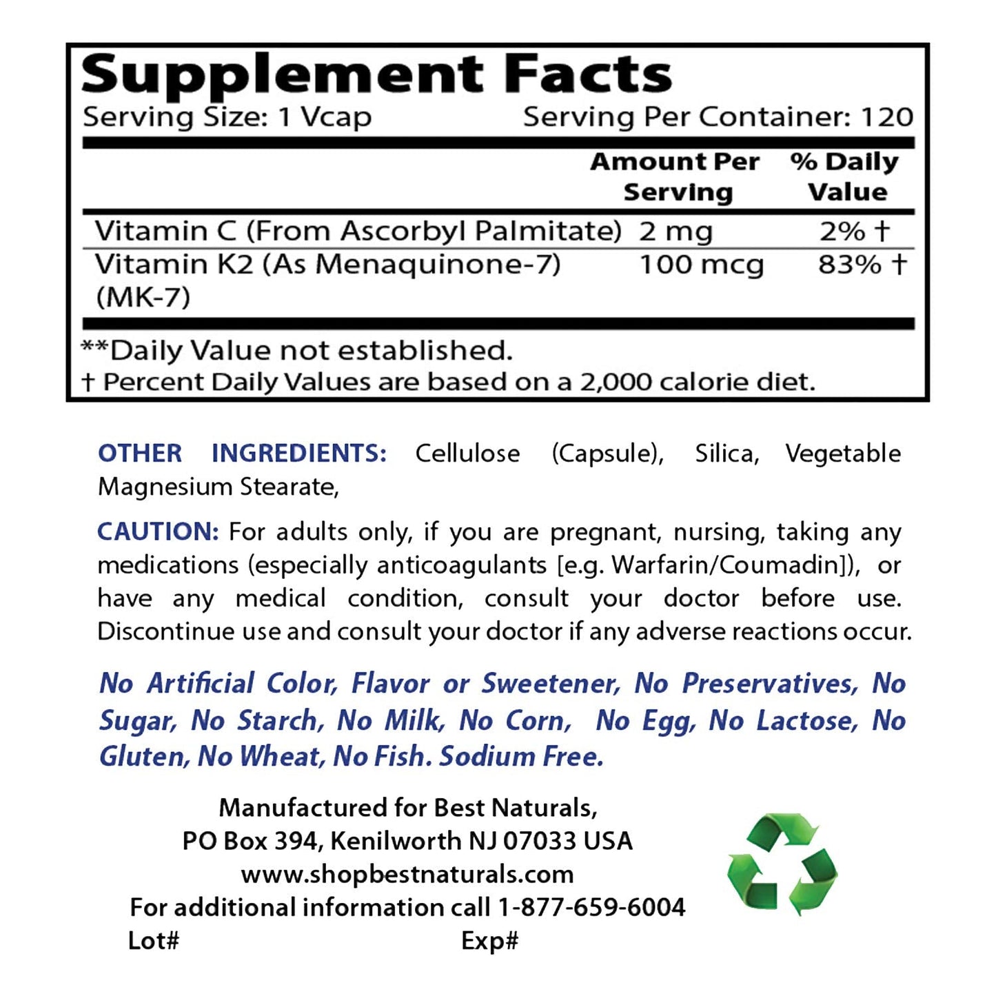Best Naturals MK-7 Vitamin K2 100 mcg & Vitamin A 25000 IU