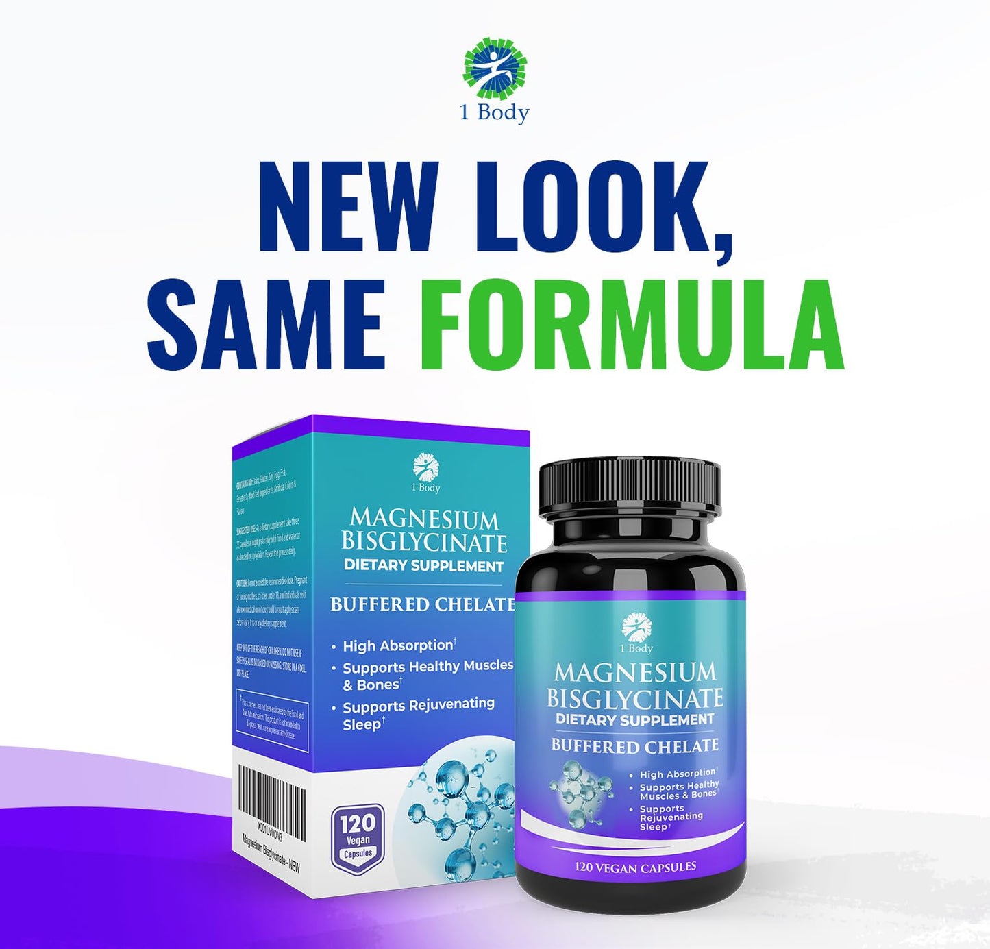 1 Body Magnesium Bisglycinate Supplement, 44 mg Pure Chelated Formula, 120 Capsules, Maximum Absorption, Muscle Cramp Relief