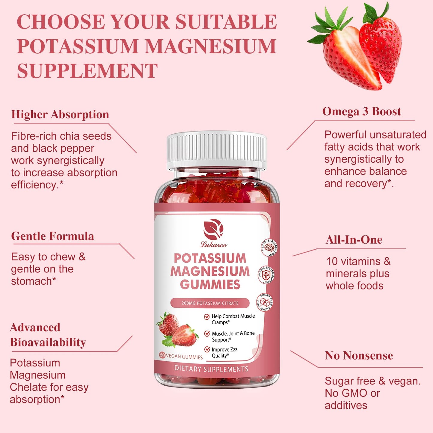 Magnesium Potassium Supplement Gummies - New Formula Calm Magnesium Glycinate Gummies & Potassium Citrate 200 mg Plus Omega 3, B6, D3, K2 & Calcium for Zzz, Leg Cramps & Muscle - 120 Count