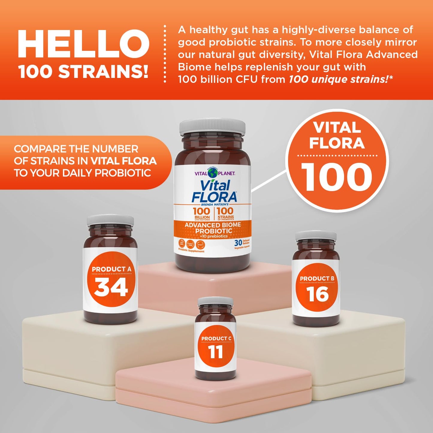 Vital Planet - Vital Flora Advanced Biome Probiotic 100 Billion CFU, 100 Diverse Strains, 10 Organic Prebiotics, Immune Support, Colon and Digestive Health Probiotics for Women and Men 30 Capsules
