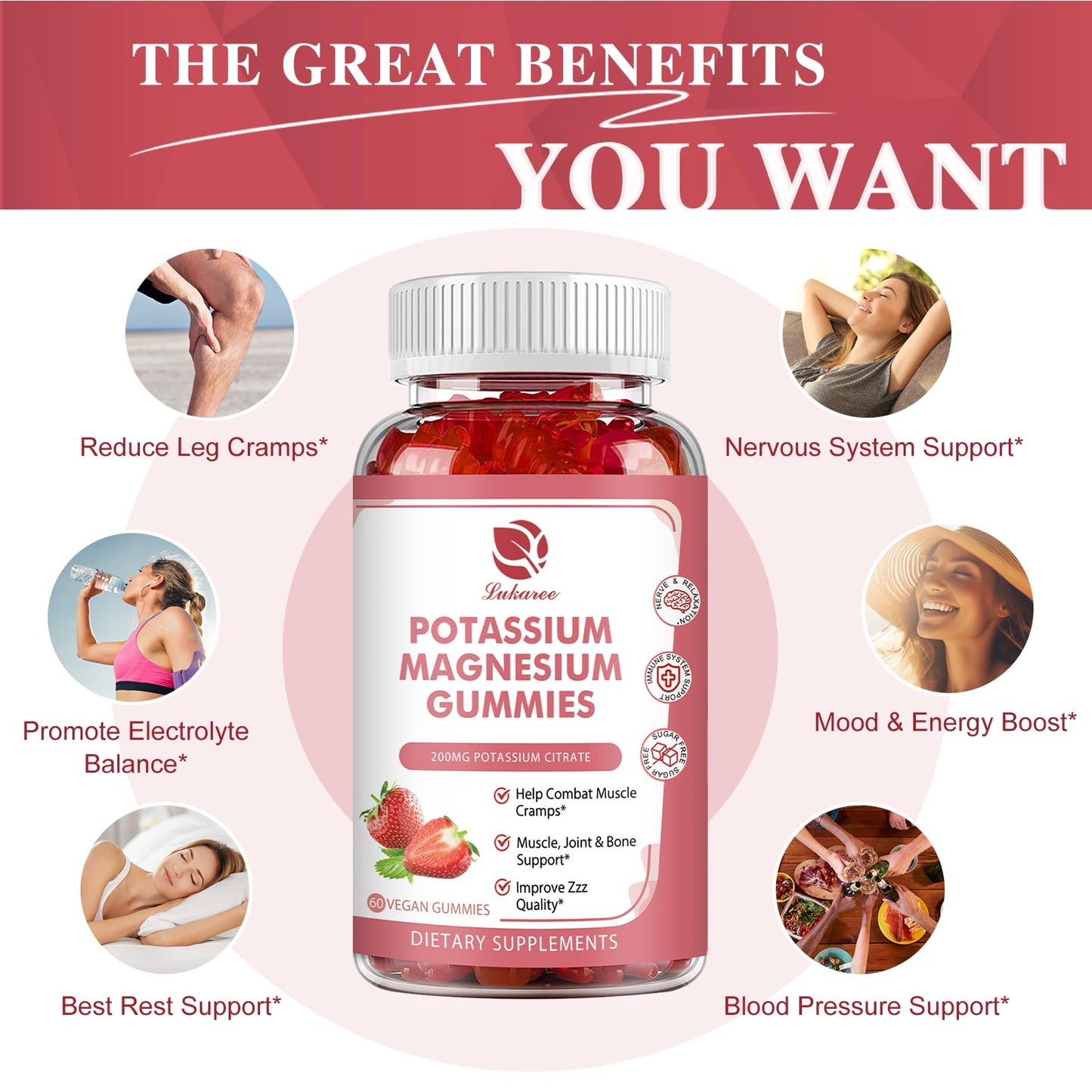 Magnesium Potassium Supplement Gummies - New Formula Calm Magnesium Glycinate Gummies & Potassium Citrate 200 mg Plus Omega 3, B6, D3, K2 & Calcium for Zzz, Leg Cramps & Muscle - 120 Count