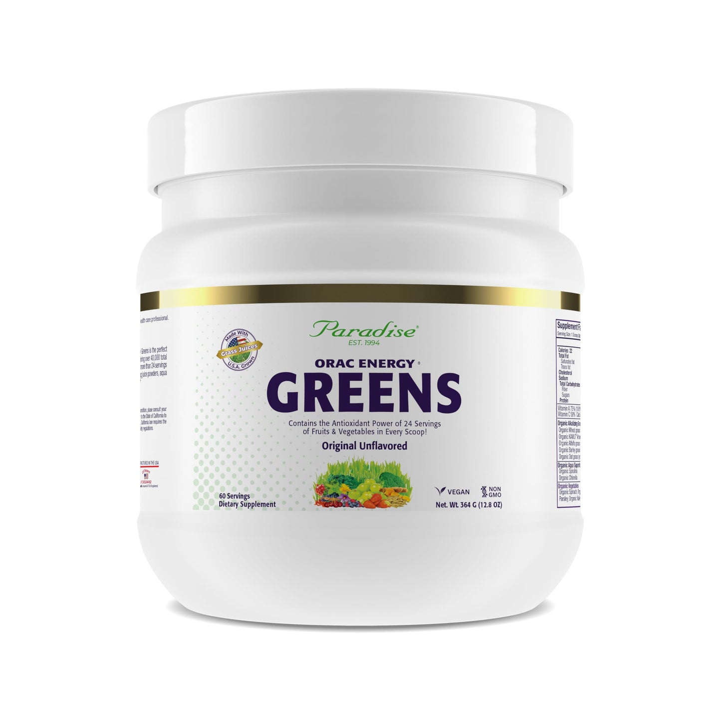 Paradise, ORAC Energy Greens Powder Extract, Super Antioxidants, Probiotics for Gut Health & Digestion, Vitamin C for Immunity, with Spirulina & Chlorella, Non-GMO, Gluten Free, 60 Servings