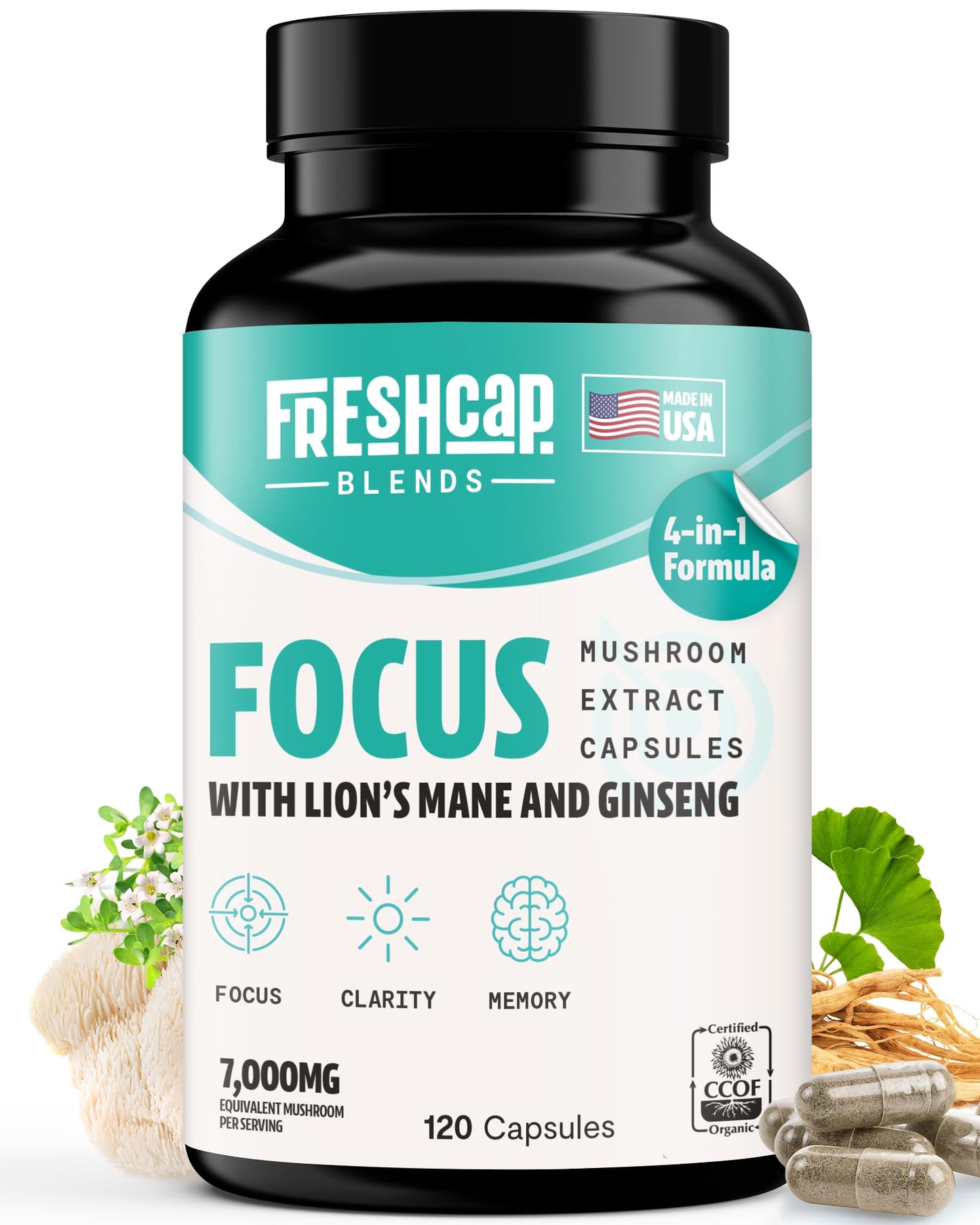 FreshCap 4-in-1 Focus Supplement - Brain Supplements for Memory and Focus - Memory Supplement for Brain, Brain Booster Supplement, Lions Mane Extract, Ayurveda Ginseng (120 Capsules)