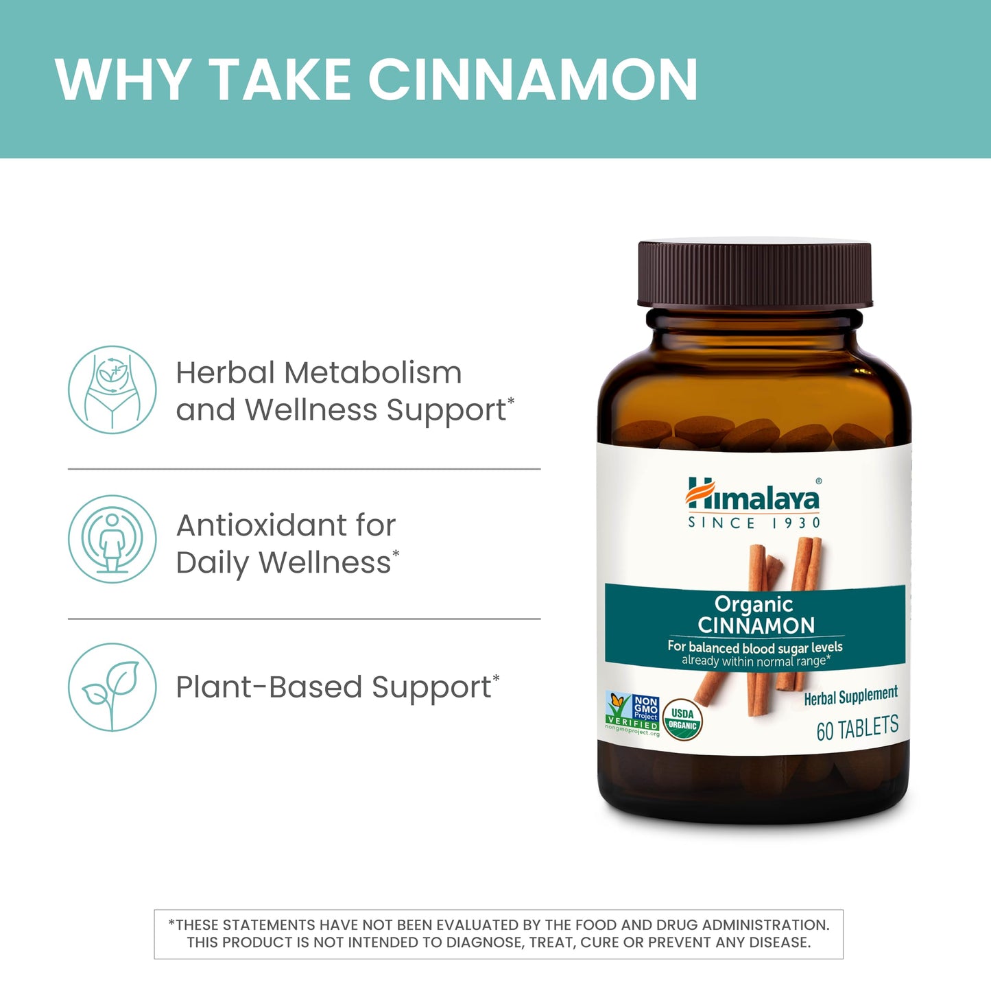 Himalaya Organic Cinnamon, for Glycemic Support, 1100 mg Daily, 60 Tablets, from Cassia Cinnamon Bark and Ceylon Cinnamon Extract, Non-GMO Project Verified, Vegan, Gluten Free Herbal Supplement