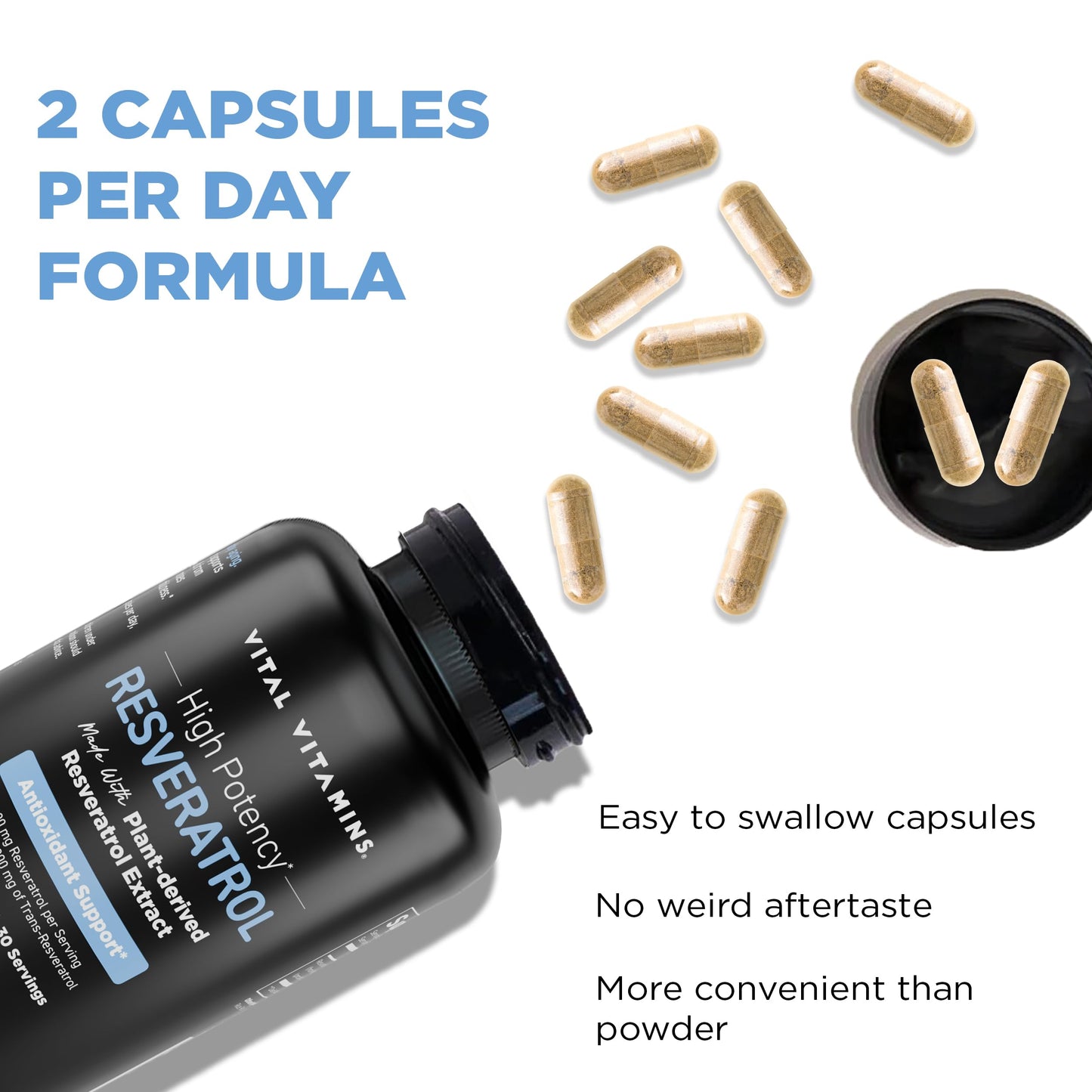 Vital Vitamins Resveratrol Supplement - Antioxidant Support, Cellular Longevity, Cognitive Function - 60 Capsules