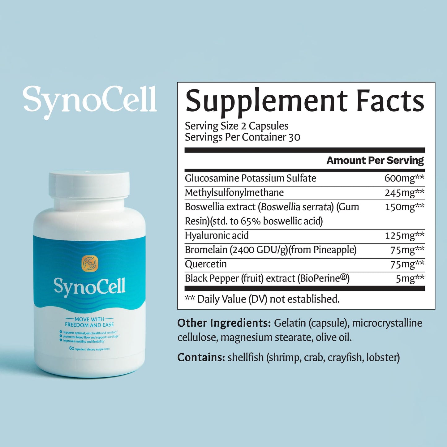 Synocell Glucosamine Chondroitin Complex Back, Neck, and Joint Support Supplement with Boswellia, Quercetin, & MSM - Renew Your Joints from The Inside Out - Move with Freedom and Ease