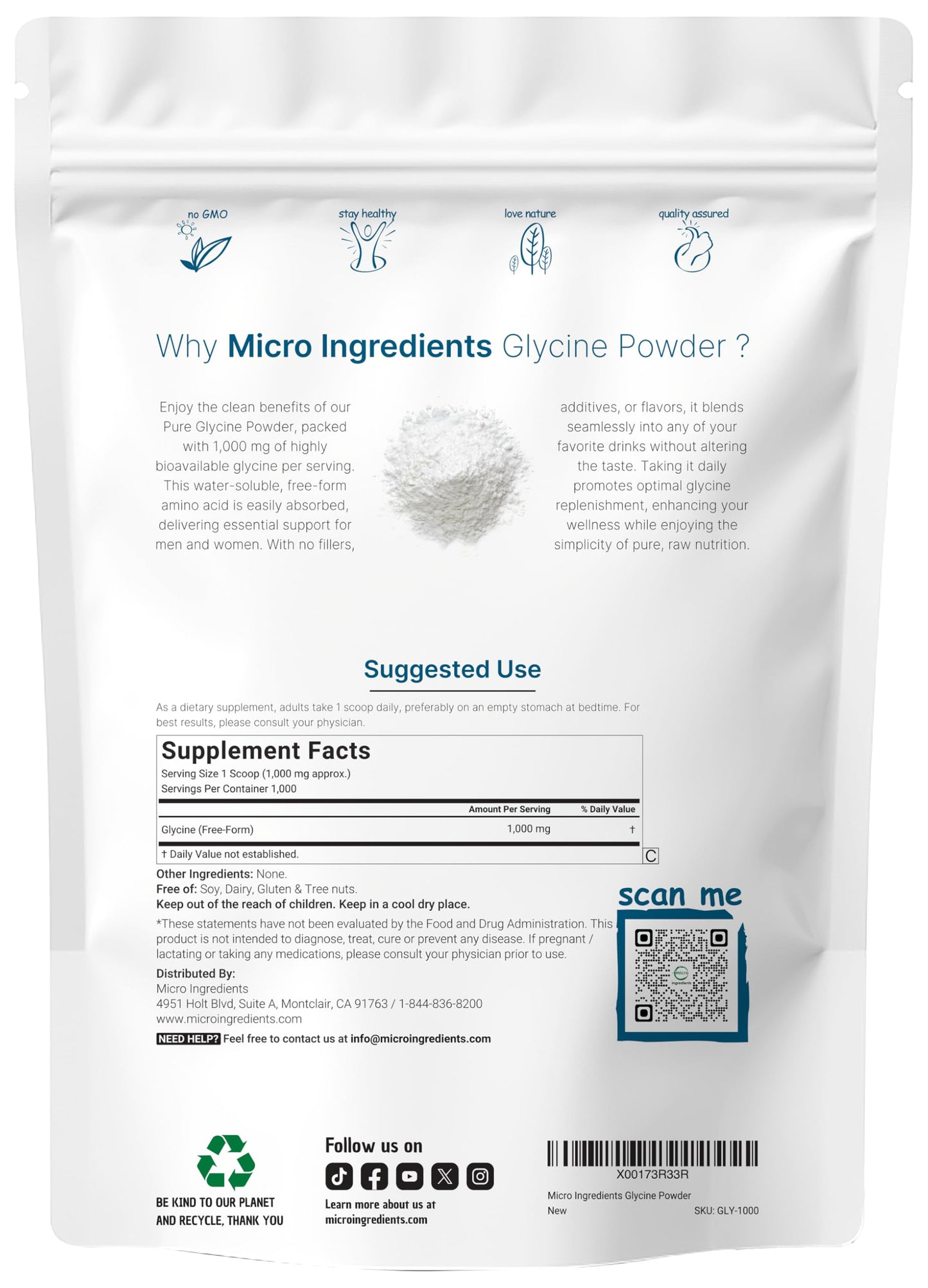 Micro Ingredients Glycine Powder, 1KG (2.2 Pounds), Glycine 1000mg Per Serving, Supports Restful Sleep and Neurotransmitter, Water Soluble and Products of USA