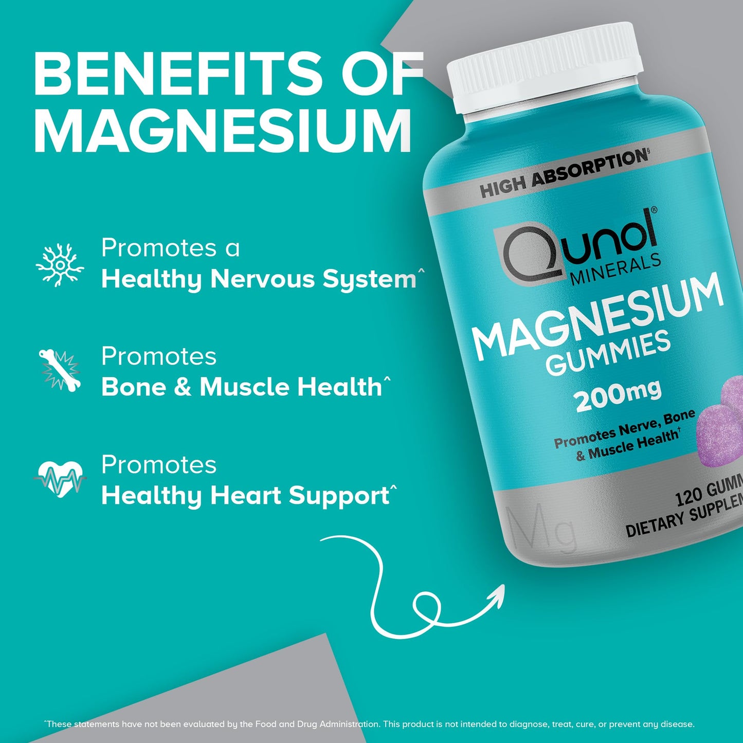Qunol Magnesium Gummies for Adults, 200mg Elemental Magnesium (from 1,750mg Magnesium Citrate), High Absorption Magnesium Supplement, Supports Nerve, Bone and Muscle Health, Vegetarian, 120 Count