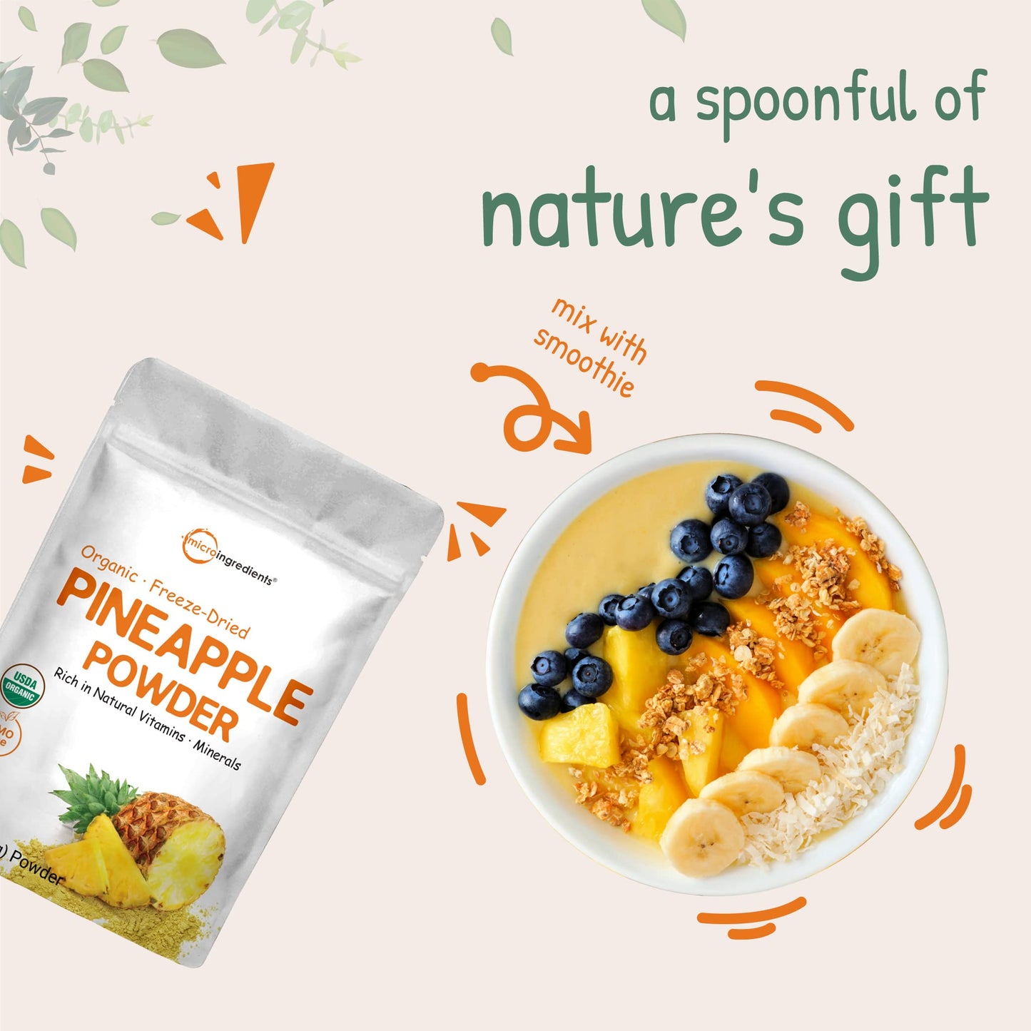 Pre-Order | Arrives in 5–10 Days – Organic Pineapple Powder, 8oz | 100% Natural Fruit Powder | Freeze-Dried Pineapples Source | No Sugar & Additives | Great Flavor for Drinks, Smoothie, & Beverages | Non-GMO & Vegan Friendly