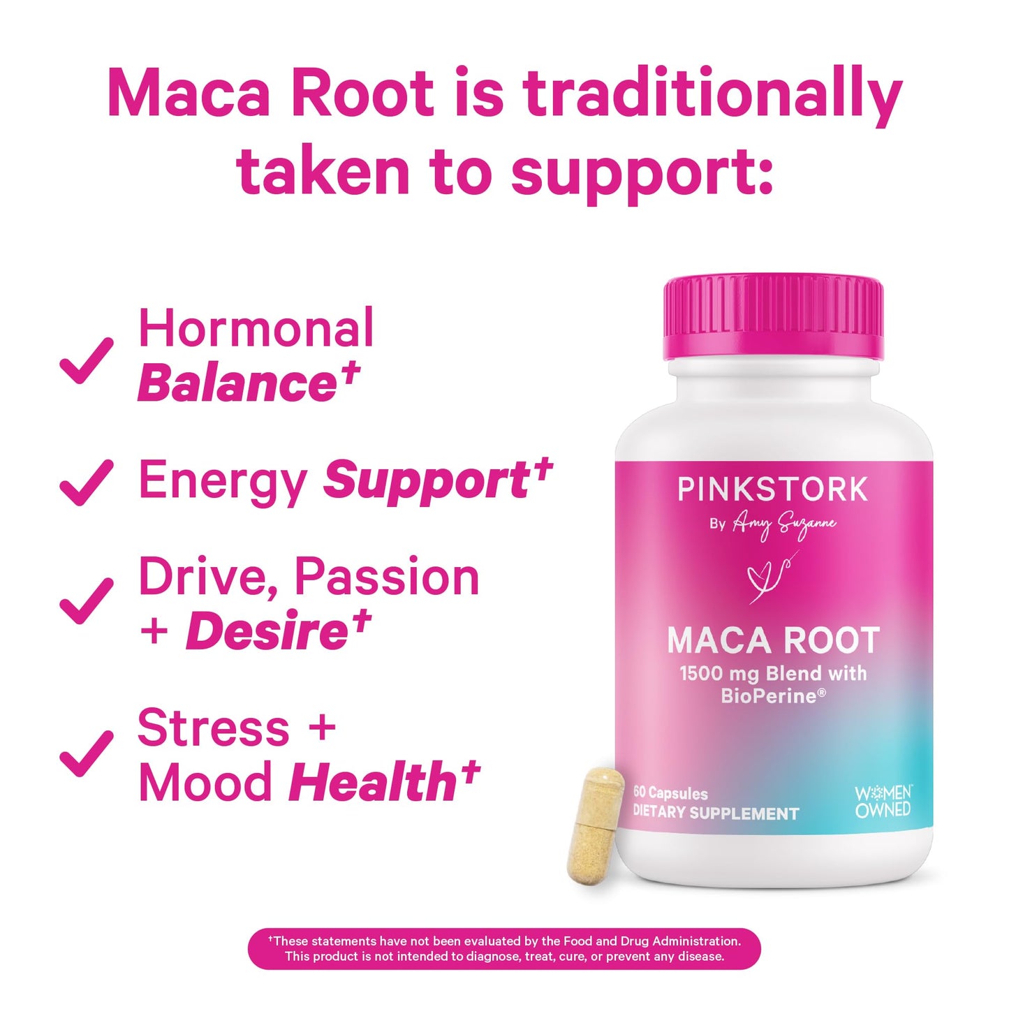 Pink Stork Maca Root Capsules for Women - Energy and Mood Support for Women, 1500 mg Organic Maca Root + BioPerine, Hormone Balance & Energy, PMS, Perimenopause, Menopause - 60 Capsules