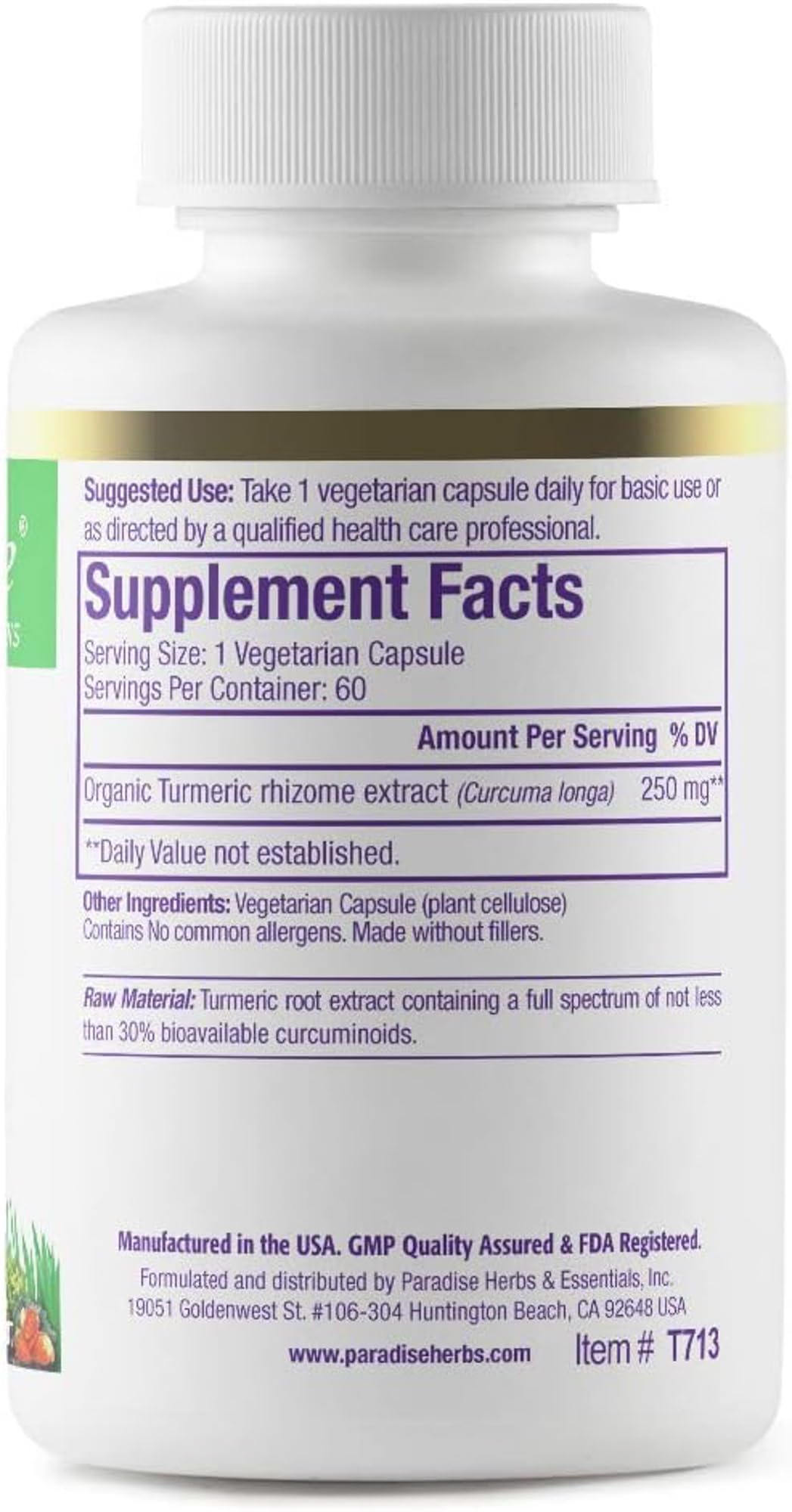 Paradise Organic Turmeric Rhizome Extract, Active Whole Spectrum Extract, Super Potent, Ultra Pure, Vegan, Non-GMO, Gluten Free, 60 Vegetarian Capsules