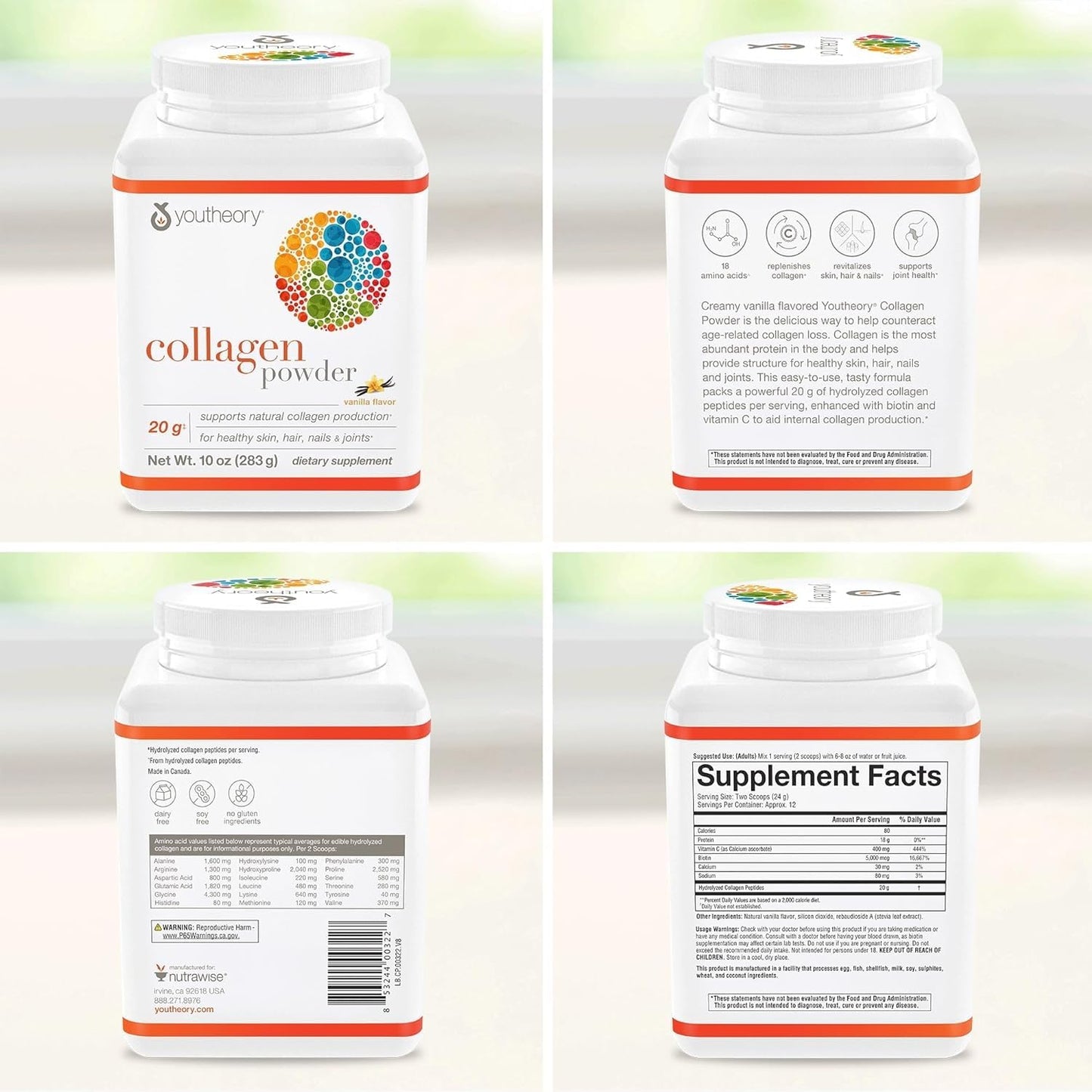 Youtheory Collagen Powder - Premium Collagen Supplement with Vitamin C & Biotin - for Healthy Hair, Nails, Skin & Joints* - Hydrolyzed & Highly Absorbable - Dairy, Soy & Gluten Free - Vanilla - 10 oz