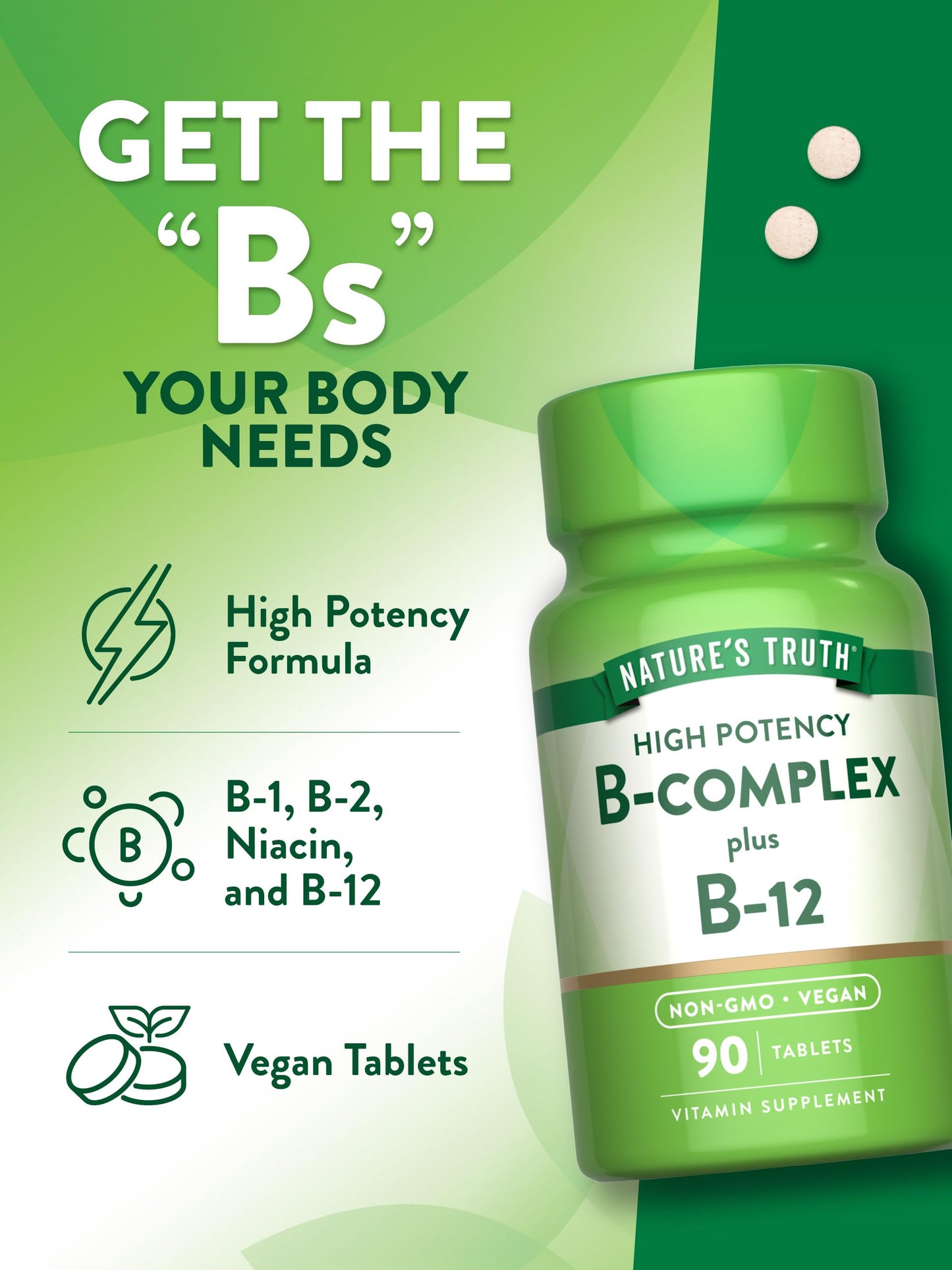 Nature's Truth Vitamin B Complex for Women & Men | Plus B12 | 90 Tablets | High Potency | Vegan and Non-GMO Supplement