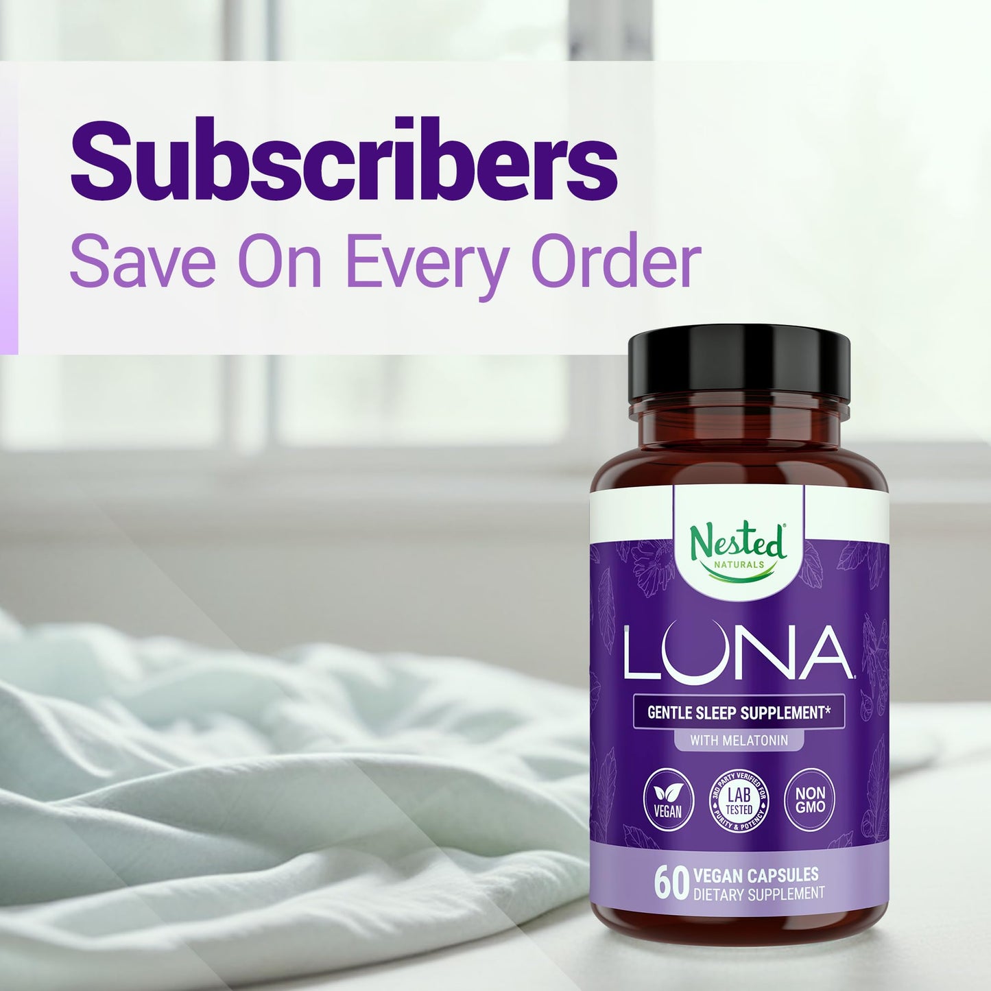 Nested Naturals Luna Sleep Aid - Non-Habit Forming Natural Sleeping Pills for Adults with Naturally Sourced Ingredients - Valerian Root, Melatonin, Chamomile, Lemon Balm, and More - 60 Vegan Capsules