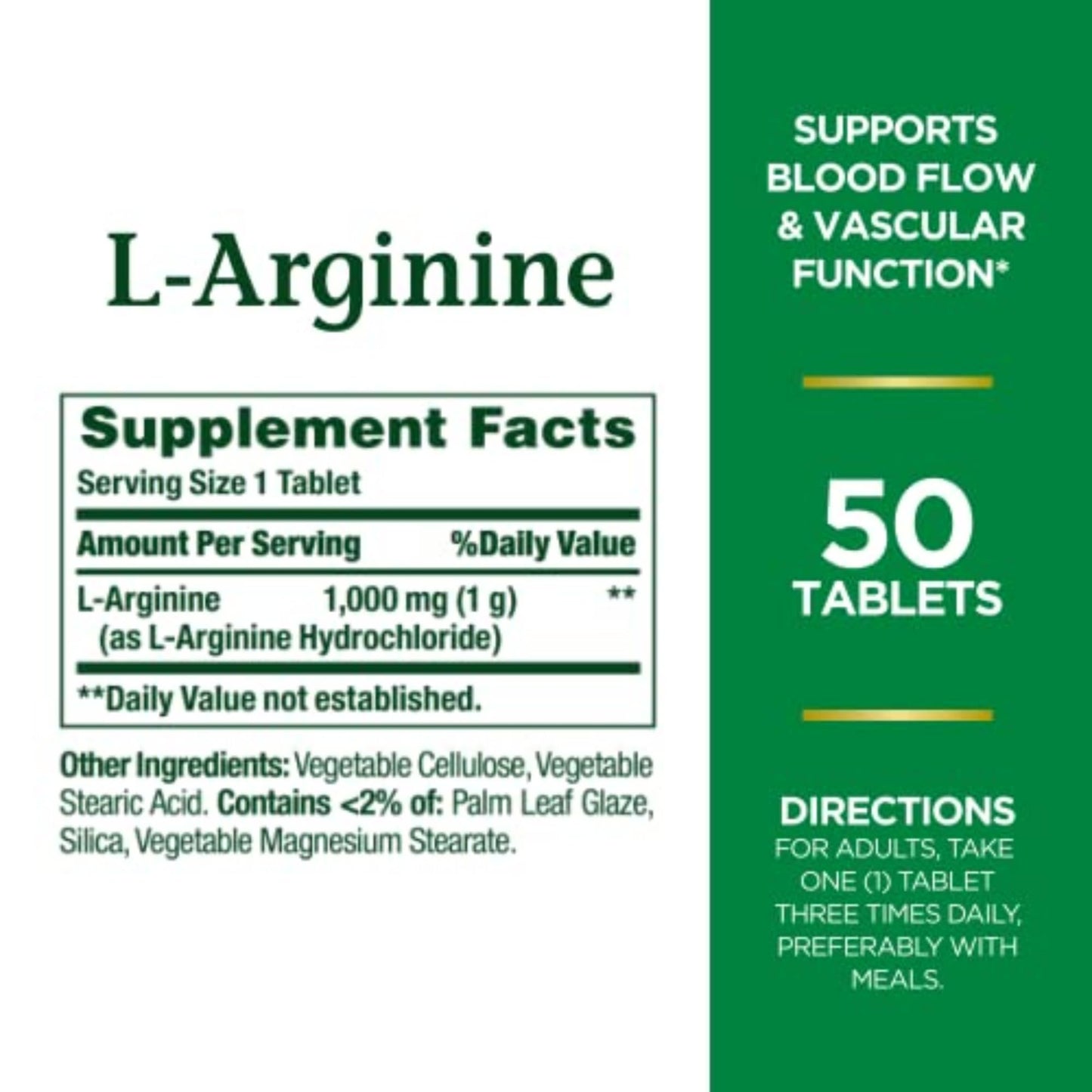 Nature's Bounty L-Arginine, Supports Blood Flow and Vascular Function, 1000 mg, Tablets, 50 Ct
