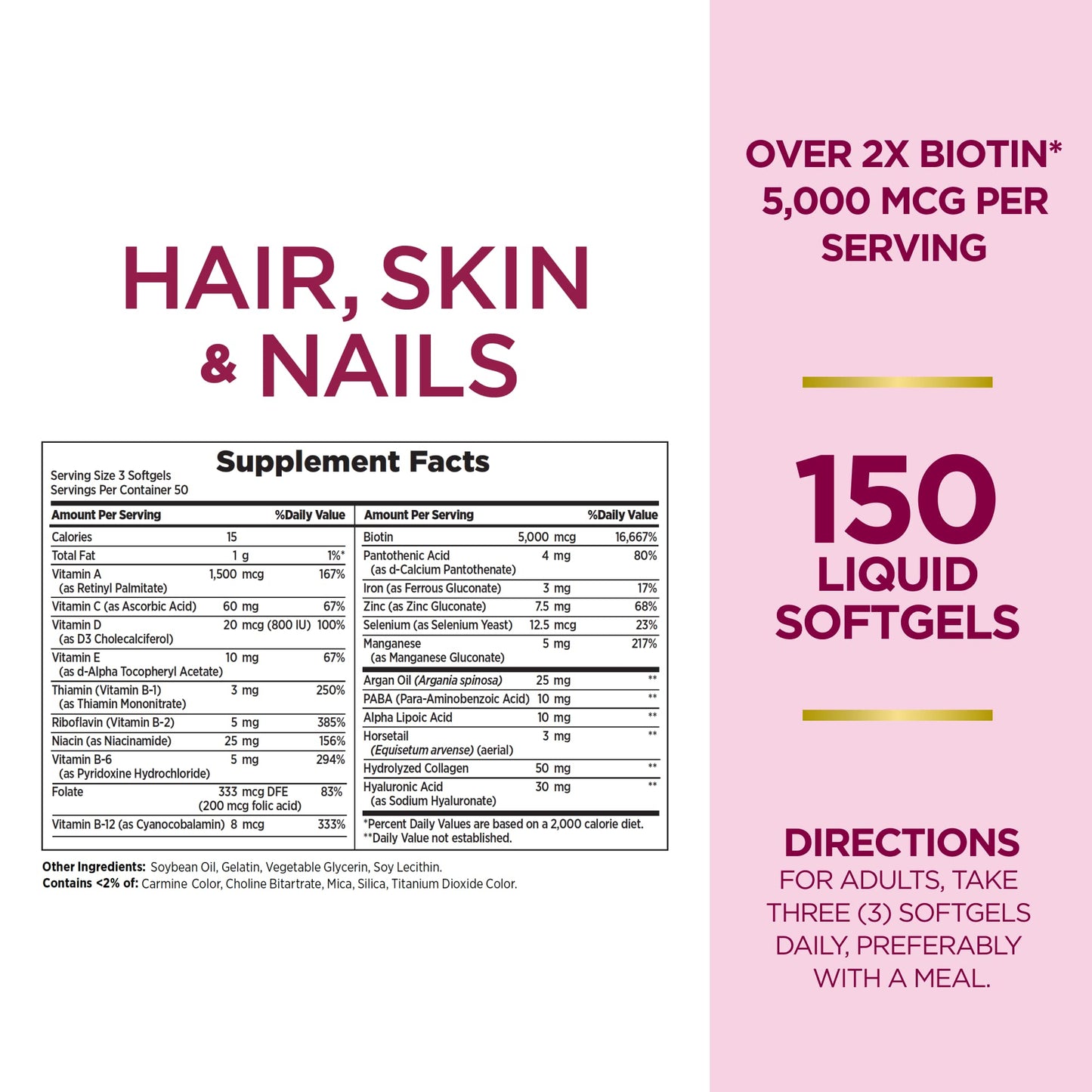 Nature's Bounty Advanced Hair, Skin & Nails, Argan-Infused Vitamin Supplement with Biotin and Hyaluronic Acid, 150 Rapid Release Softgels (Pack of 2)