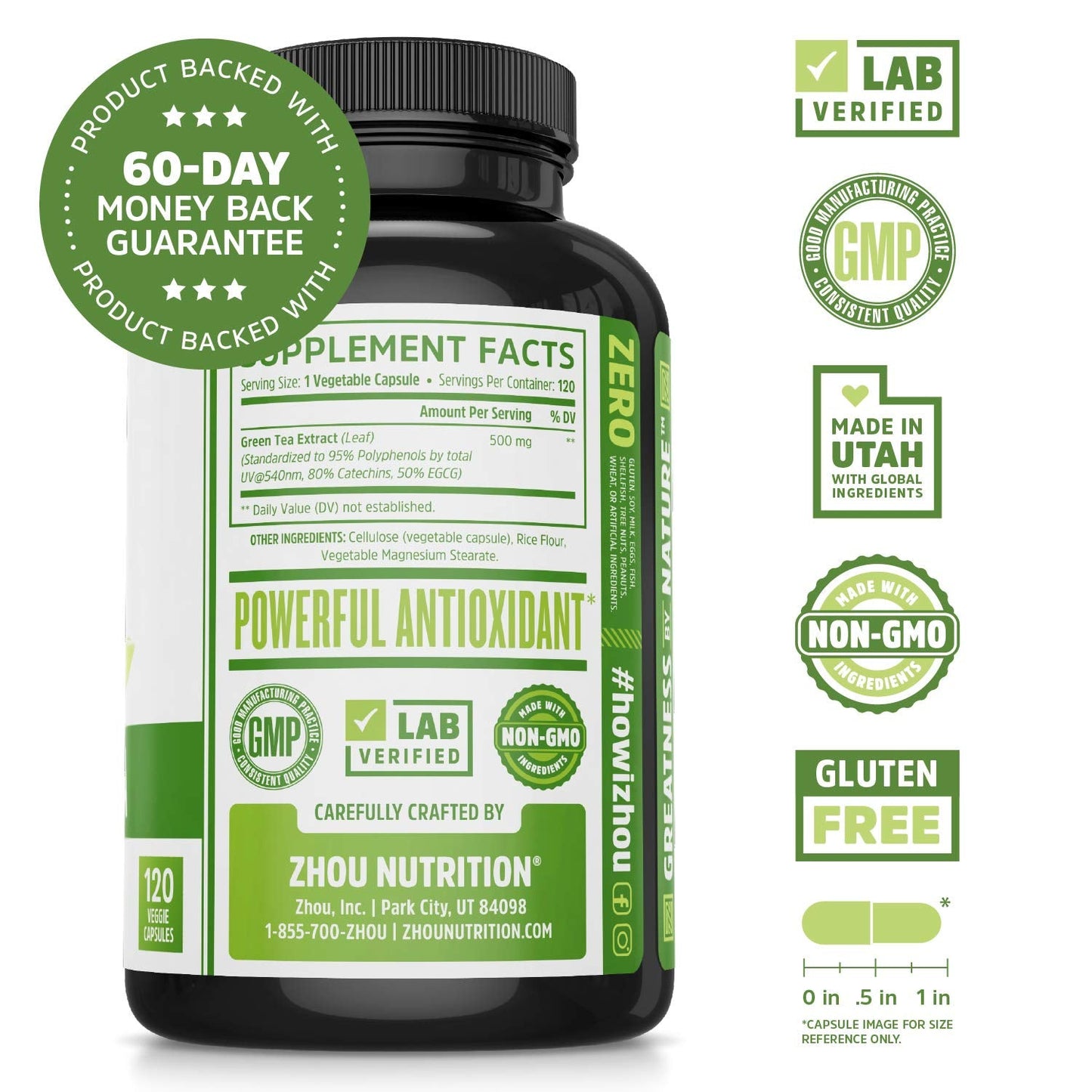 Zhou Nutrition Green Tea Extract Supplement - Green Tea & ECGC for Women & Men, Clean Caffeine Energy, Antioxidant Support, 500mg Per Serving - 120 Vegan Friendly Capsules