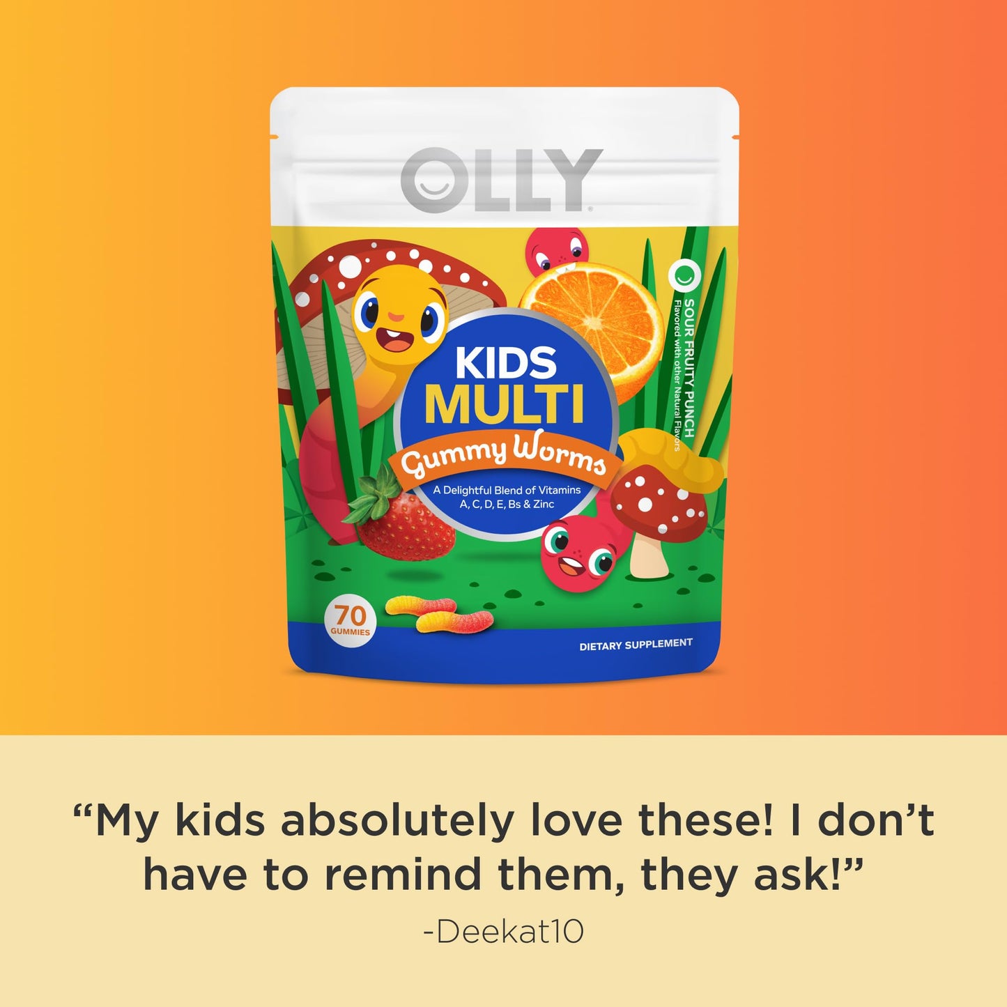 OLLY Kids Multivitamin Gummy Worms, Overall Health and Immune Support, Vitamins and Minerals A, C, D, E, Bs and Zinc, Chewable Supplement, Sour Fruit Punch, 45 Day Supply - 70 Count