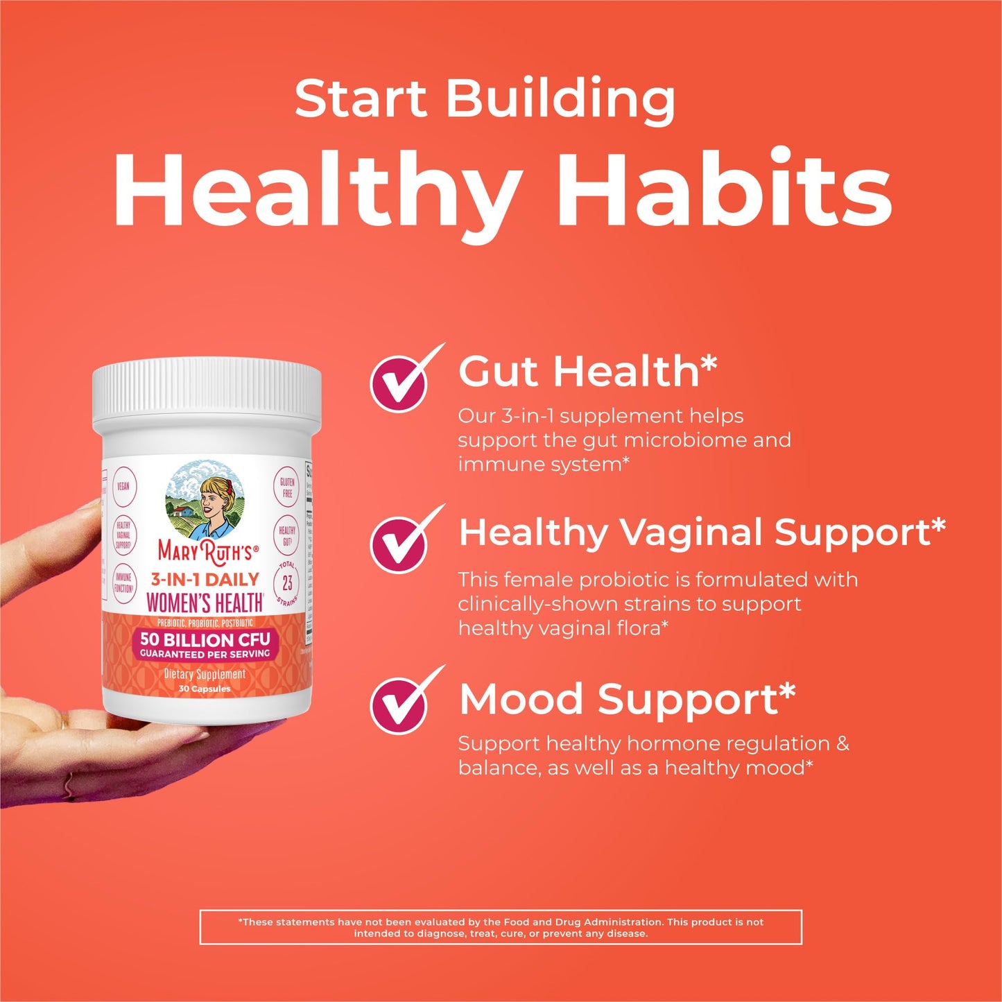 MaryRuth Organics 3-in-1 Daily Health Probiotics for Women | Clinically Tested | Hormone Support & Gut Health Supplement | 50 Billion CFU | Allergen Free | 30 ct