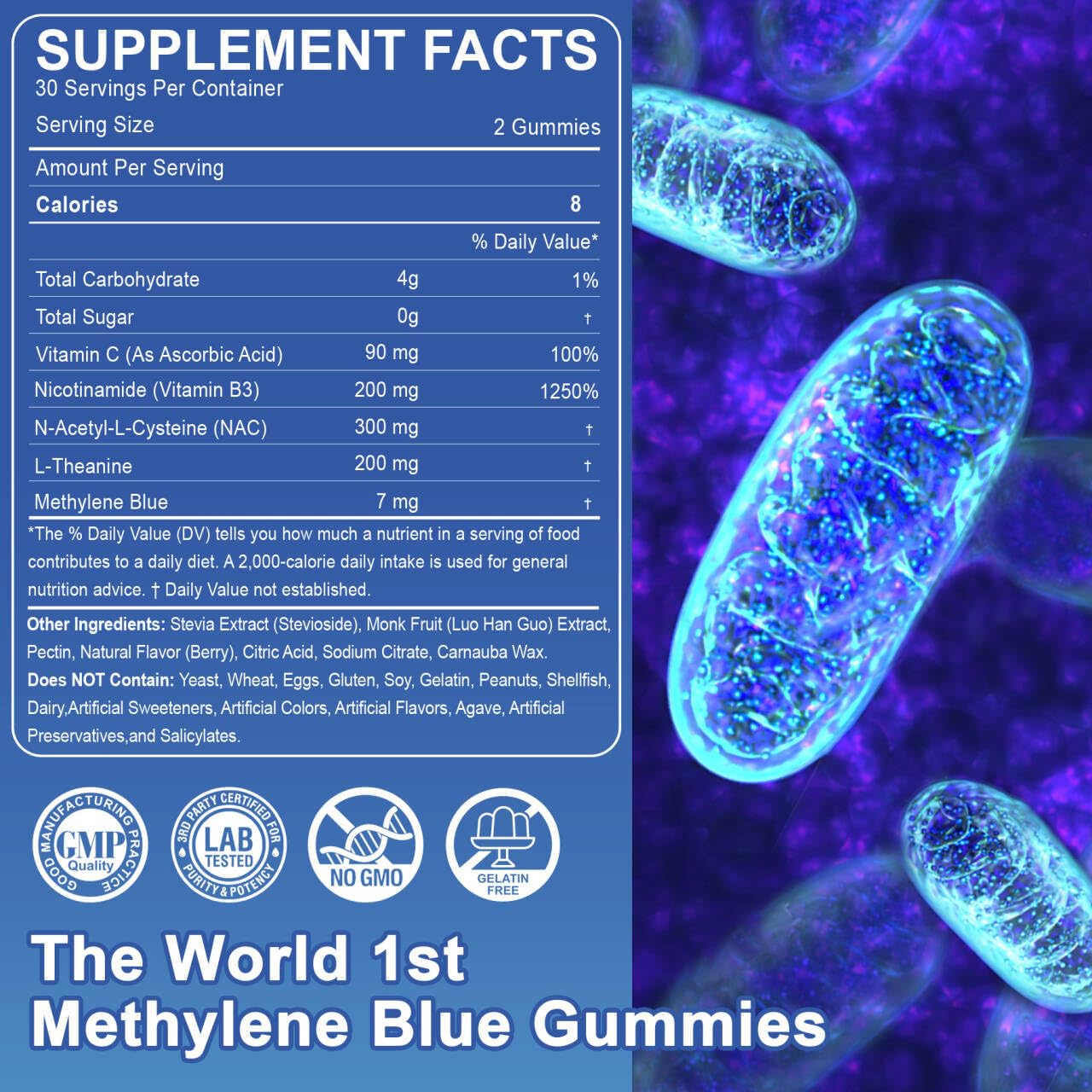 LILICARE Methylene Blue Gummies 7mg 14mg, Methylene Blue for Humans Supplement w/NAC, VIT B3 & L-Theanine, Brain & Mitochondrial Support, Enhances Energy, Focus and Cognitive, Sugar Free, 60 Ct