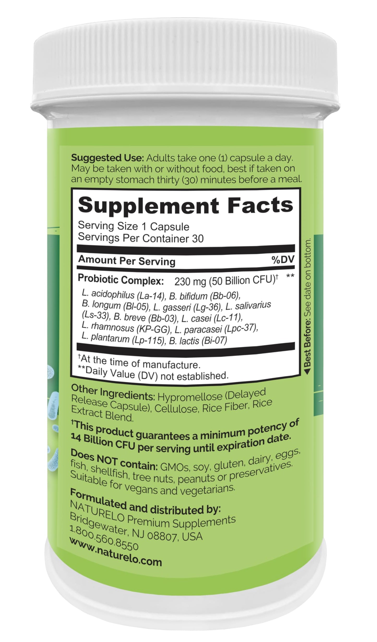 NATURELO Probiotics for Digestive Health - 50 Billion CFU, 11 Strains Daily Supplement - Boosts Immune System, Delayed Release, 30 Vegetarian Capsules