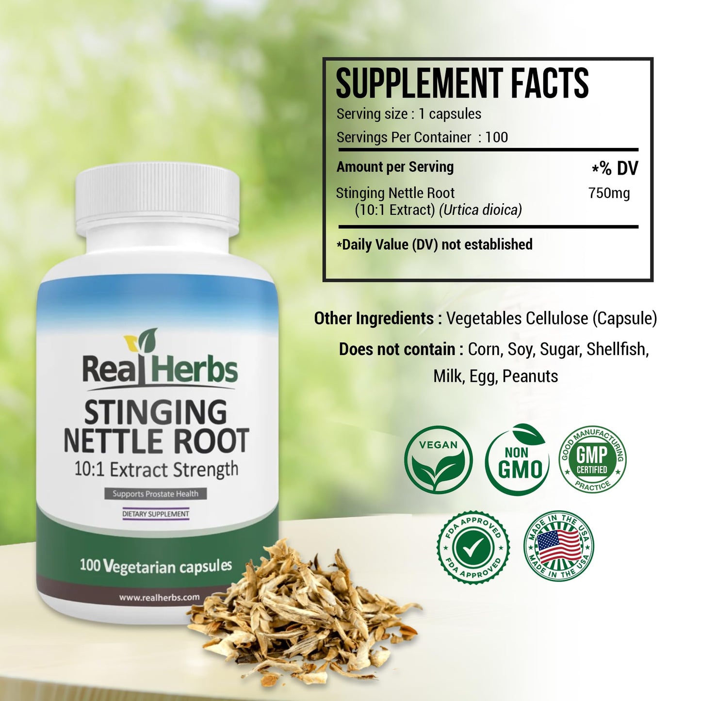 Real Herbs Stinging Nettle Root Extract 7500mg (750mg of 10:1 Extract) – Vegetarian Friendly, Non-GMO, Gluten-Free – Supports Prostate & Urinary Health – 100 Capsules