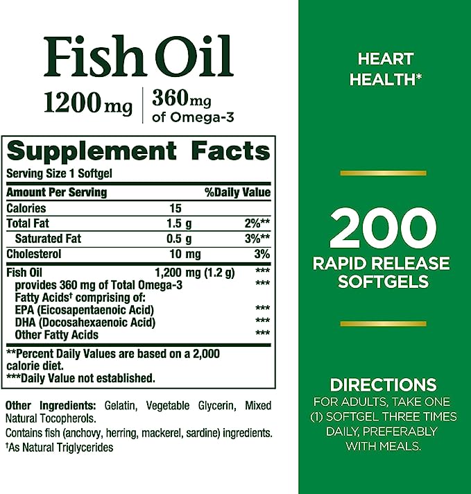 Nature's Bounty Fish Oil, Supports Heart Health, 1200 Mg, Rapid Release Softgels, 200 Ct