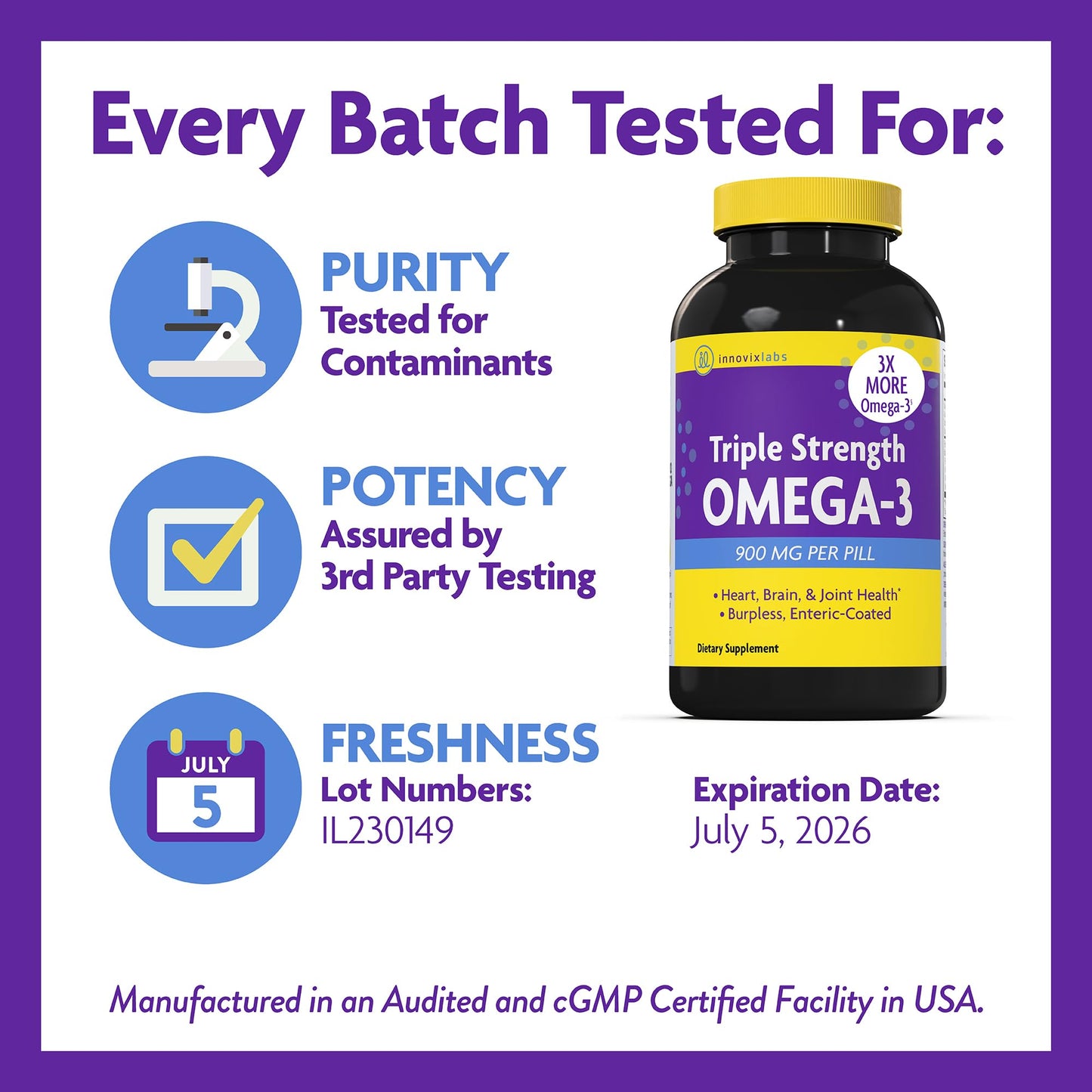 InnovixLabs Triple Strength Omega 3 Supplement, Burpless Fish Oil for Women and Men - 900 mg EPA & DHA, Brain & Joint Support, Award Winning & Third-Party Tested, 200 Softgels