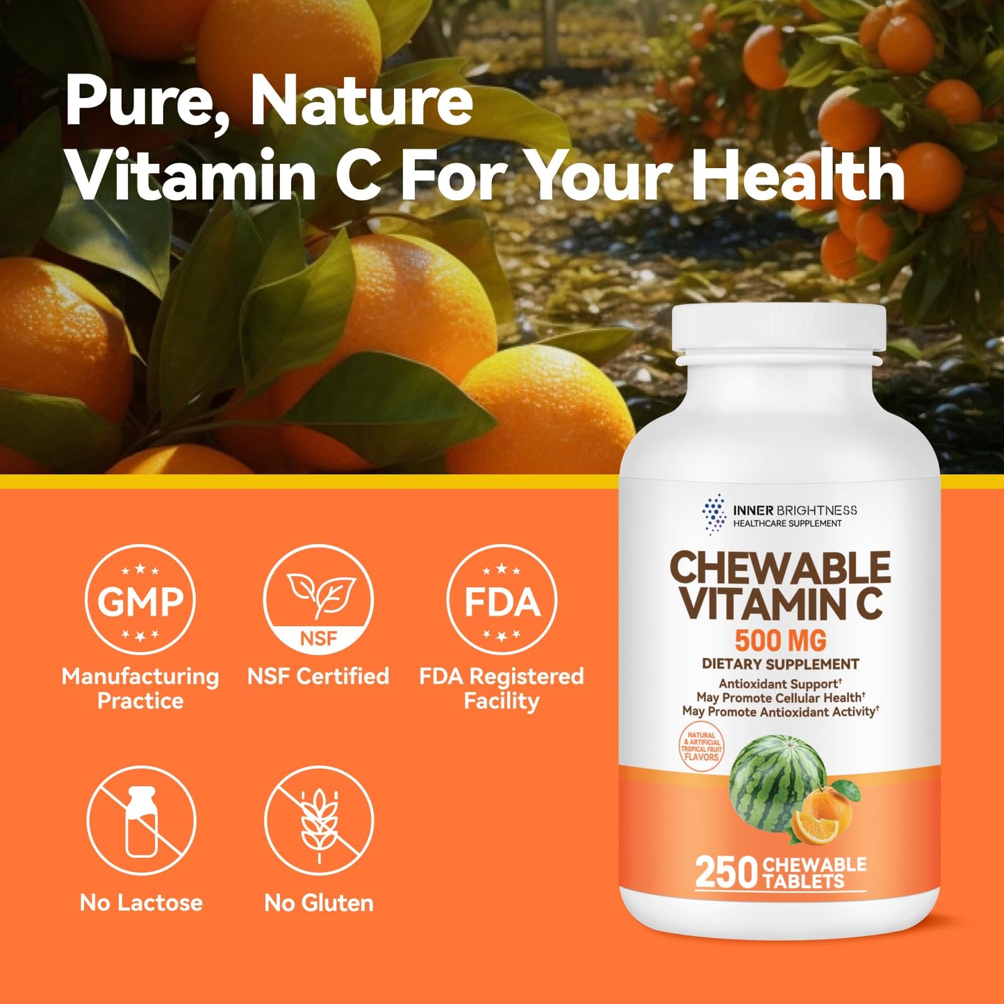 Inner Brightness Vitamin C 500 mg, Vitamin C Chewable, Dietary Supplement for Immune Support, 250 Tablets, 250 Day Supply, Assorted Fruit Flavors