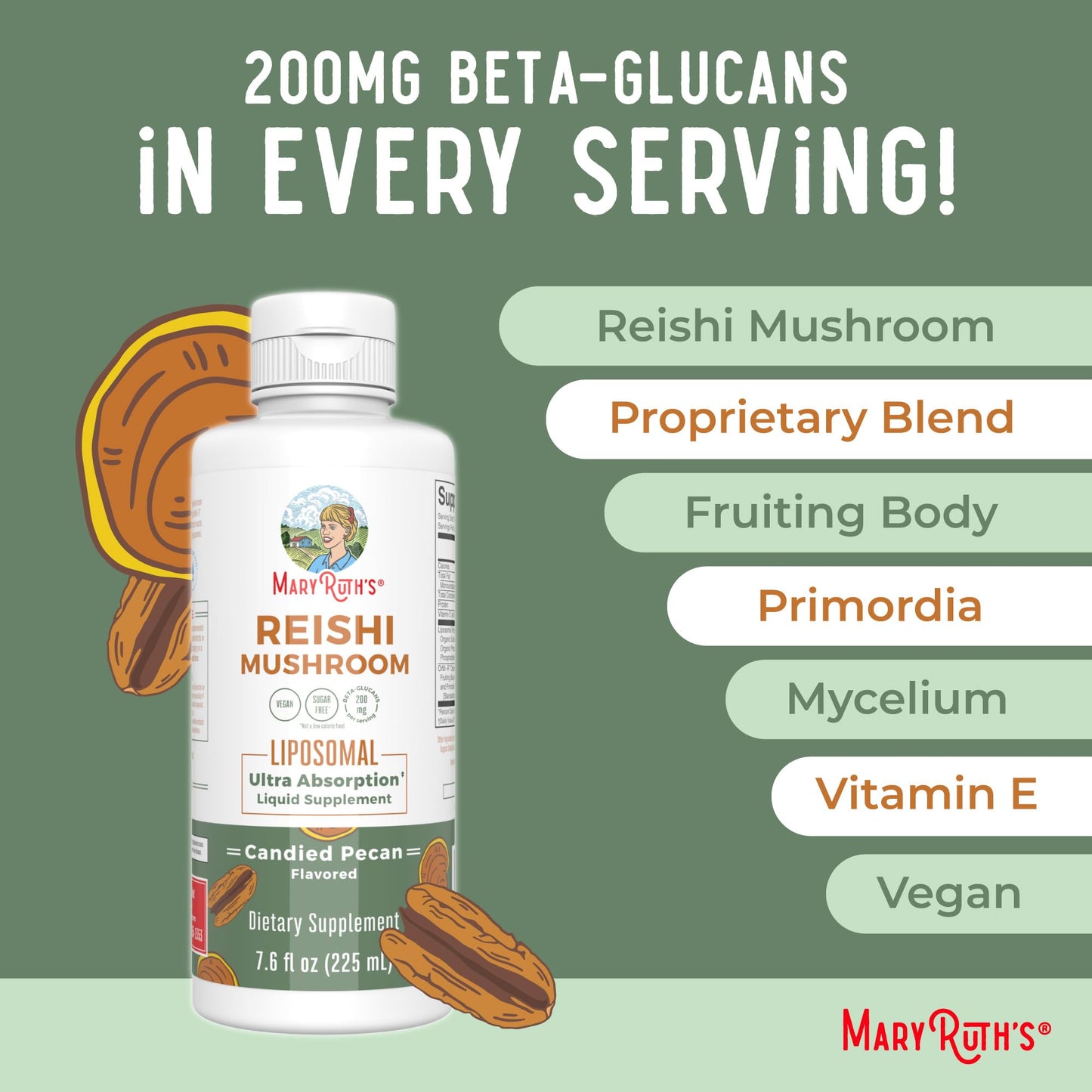 MaryRuth Organics Reishi Vegan Mushroom Supplement | Ultra Absorption Liposomal | Immune Support with 200mg Beta-Glucans, Vegan |Full Spectrum Reishi Mushrooms Fruiting Body | 7.6 oz,
