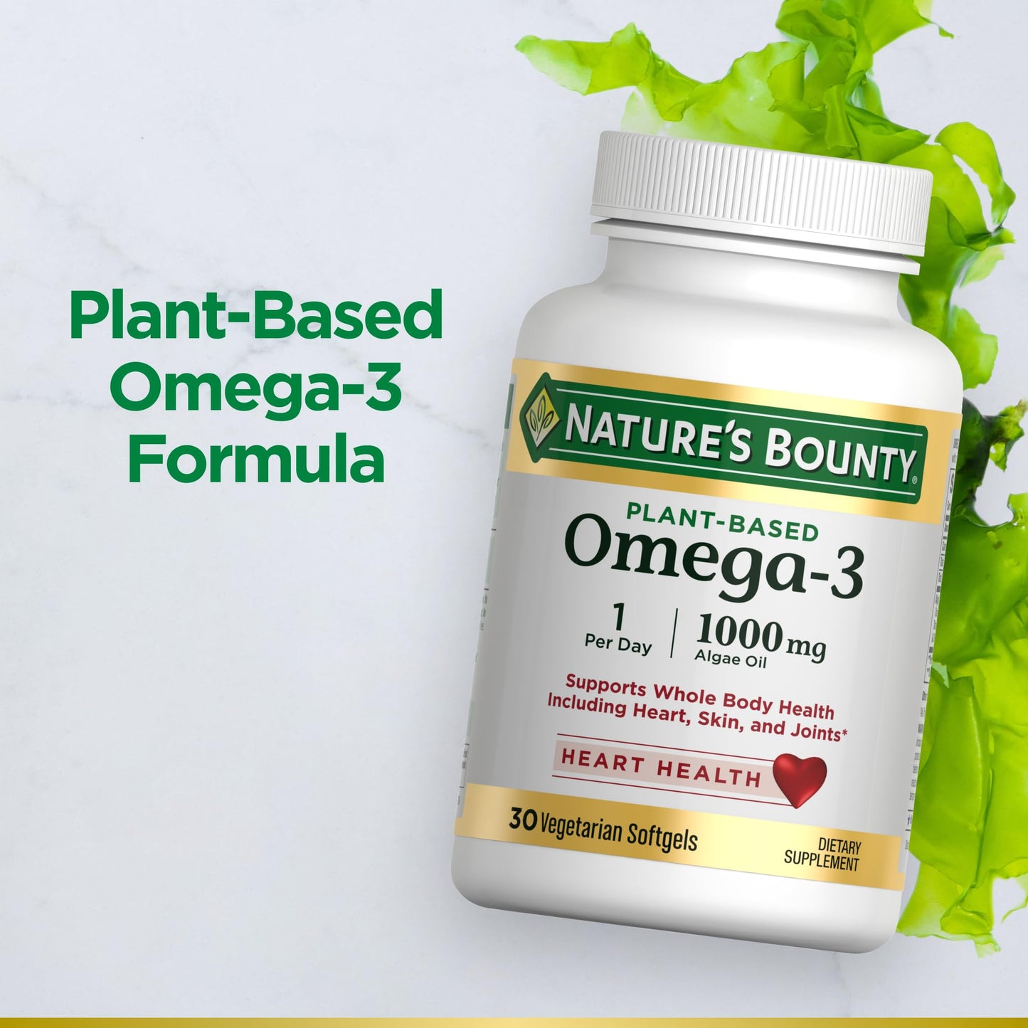 Nature's Bounty Omega 3, Plant-Based Omega 3 Fatty Acid Suppement, 520mg, Supports Whole Body Health Including Heart, Skin, Joint, 30 Vegetarian Softgels, Fish Oil Alternative, Omega 3 Supplements