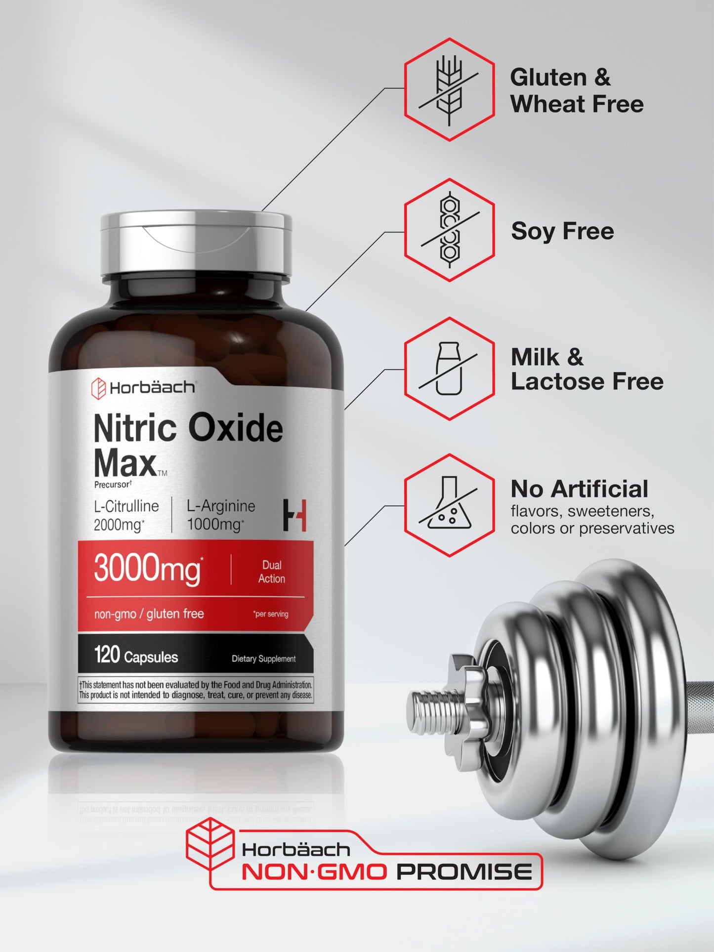 Horbäach Nitric Oxide Supplement | 3000mg | 120 Capsules | Pre Workout with L Arginine and L Citrulline for Men and Women | Non-GMO, Gluten Free Formula