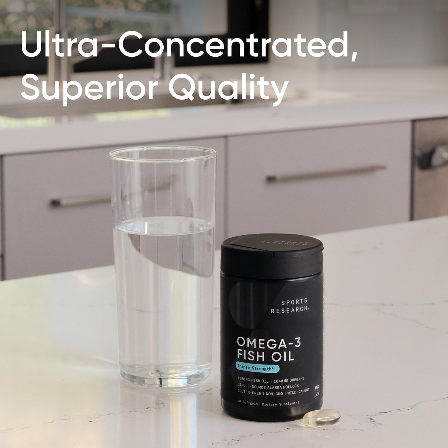 Sports Research Triple Strength Omega 3 Fish Oil - Burpless Fish Oil Supplement w/EPA & DHA Fatty Acids from Single-Source Wild Alaskan Pollock - 1250 mg, 90 ct