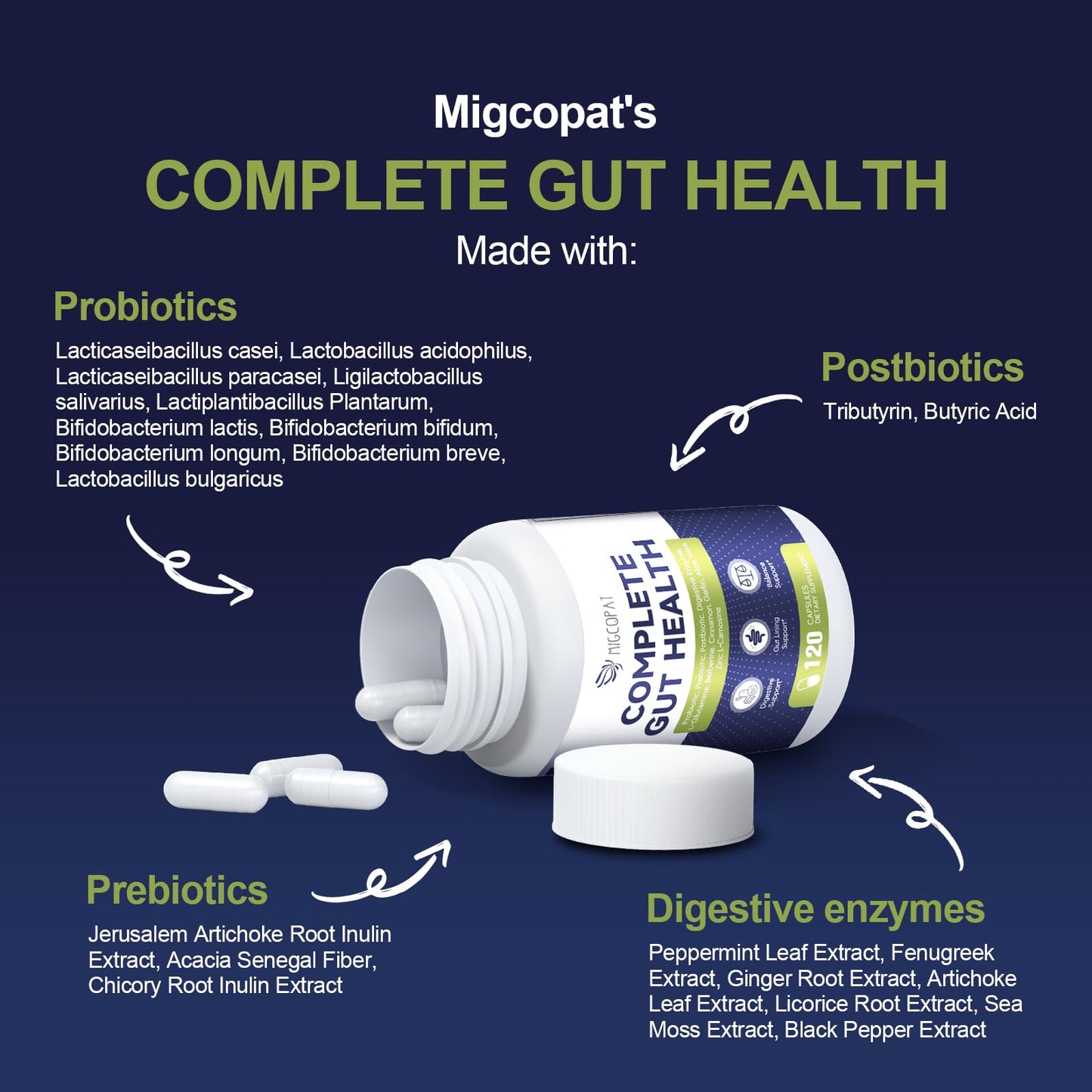 Migcopat Probiotic Prebiotic, Postbiotic & Digestive Enzymes for Digestive Health, 80 Billion CFU Probiotics Complete Gut Support with Berberine, Cinnamon, L-Glutamine, for Men & Women, 120 Capsules
