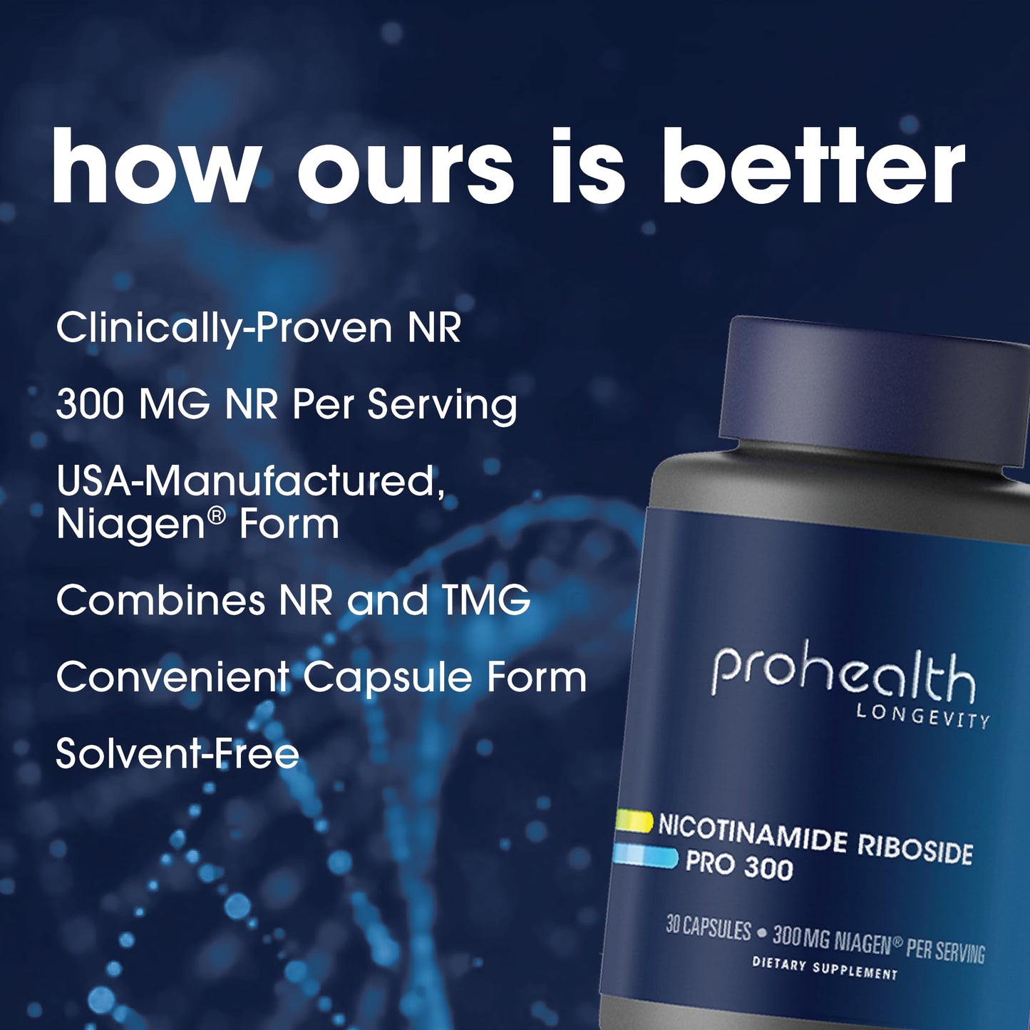 ProHealth Nicotinamide Riboside Pro 300. 300mg Patented Niagen NR (The Active Ingredient in NMN) Plus 150mg TMG. Equivalent to 414mg of NMN. NAD Supplement Boosts NAD. Proven in 300 Studies. 30 svgs