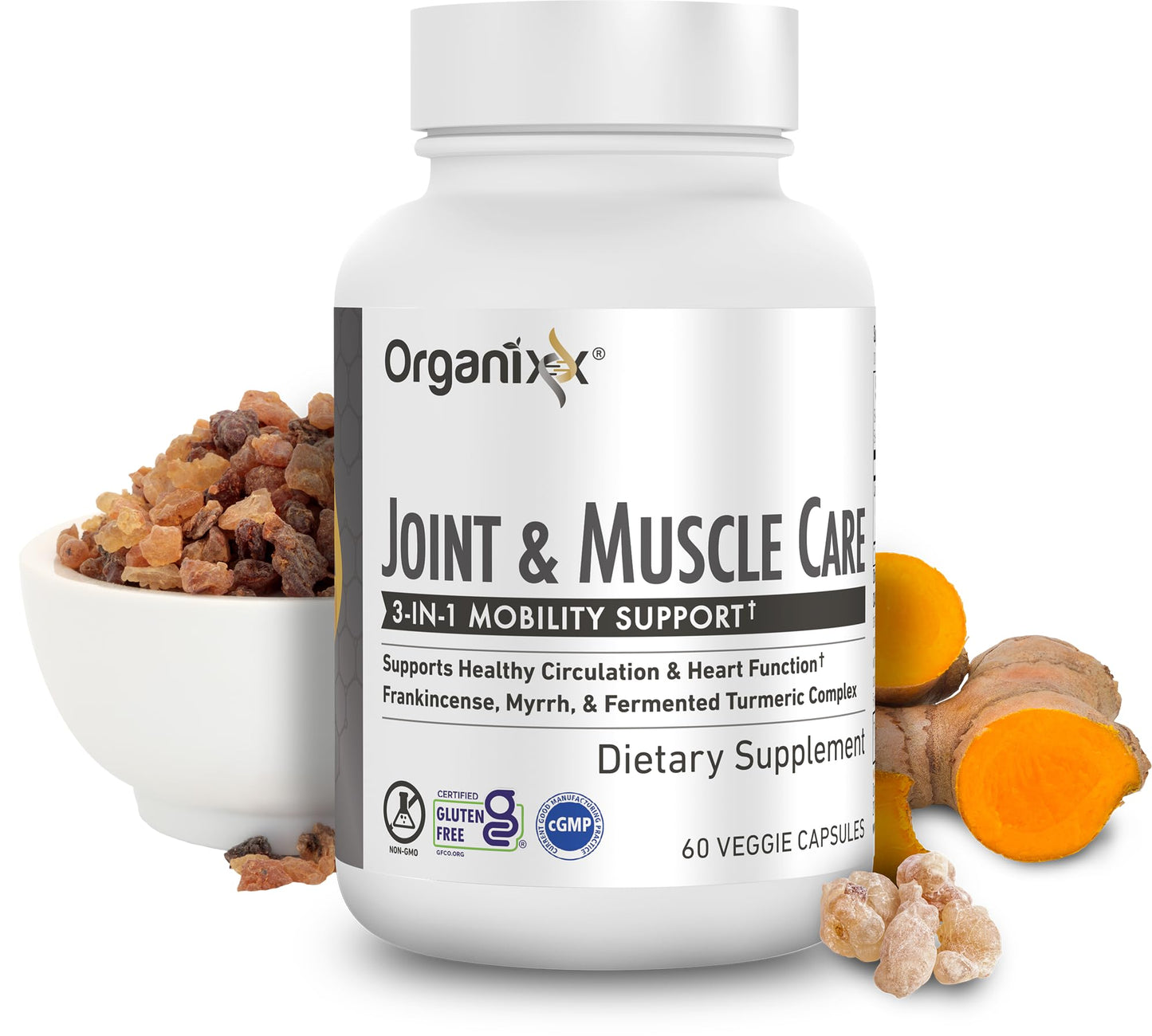 Organixx Joint & Muscle Care Organic Turmeric Supplement, 3-in-1 Frankincense, Turmeric and Myrrh Joint Health & Joint Support Supplement Body Care Capsules, Supports Swelling, Tension, 60 Capsules