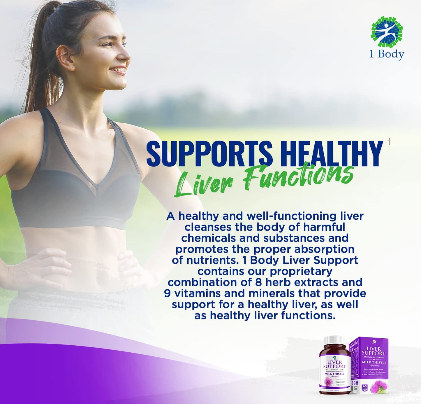 1 Body Liver Support Supplement – Milk Thistle, Dandelion Root & Artichoke for Liver Cleanse & Function, Natural Liver Health Formula, Non-GMO, Vegan 60 Capsules